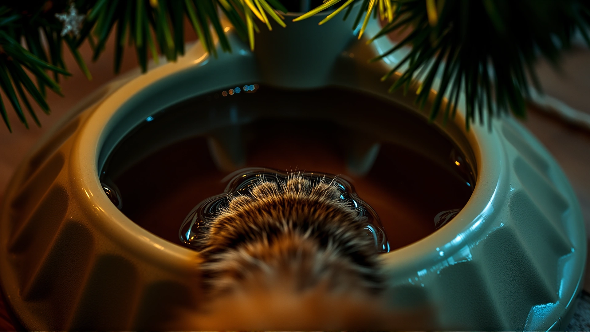 Macro shot of a Christmas tree stand filled with murky water, with a cat paw reaching toward the water.