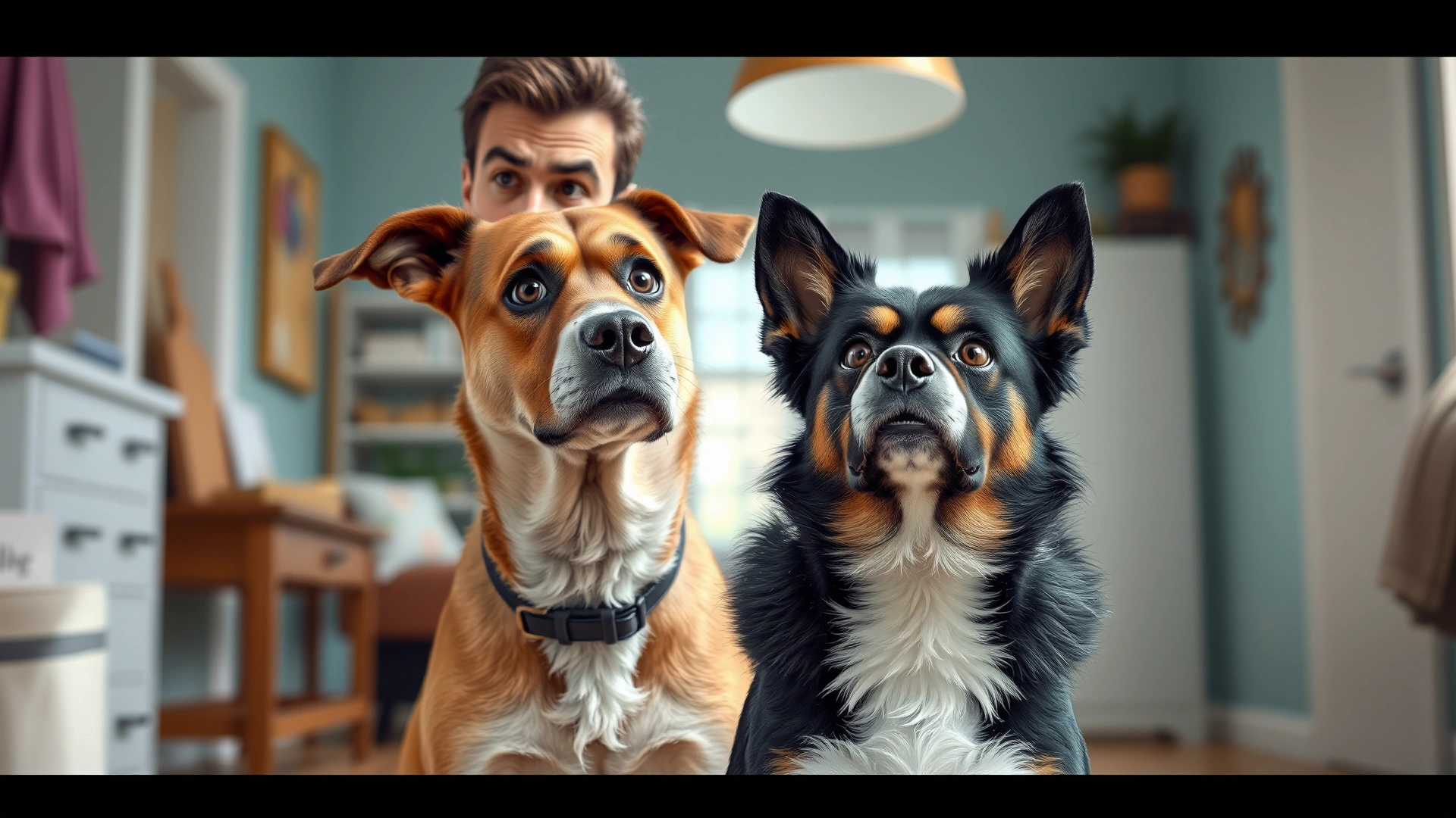 Frustrated dog owner looking puzzled while the dog stays standing, indoor environment, lighthearted scene
