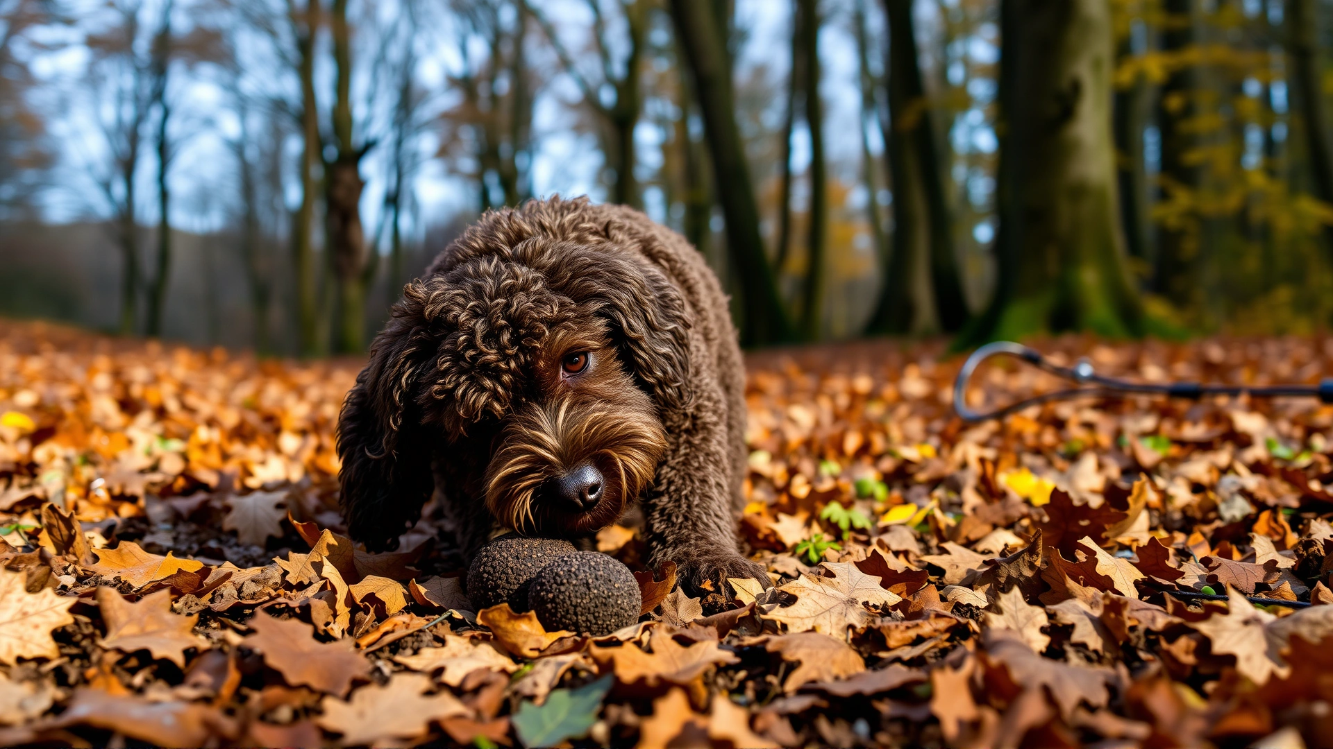Lagotto Romagnolo energetically digging in leaf litter searching for truffles in an Italian woodland setting, autumn colors in background.