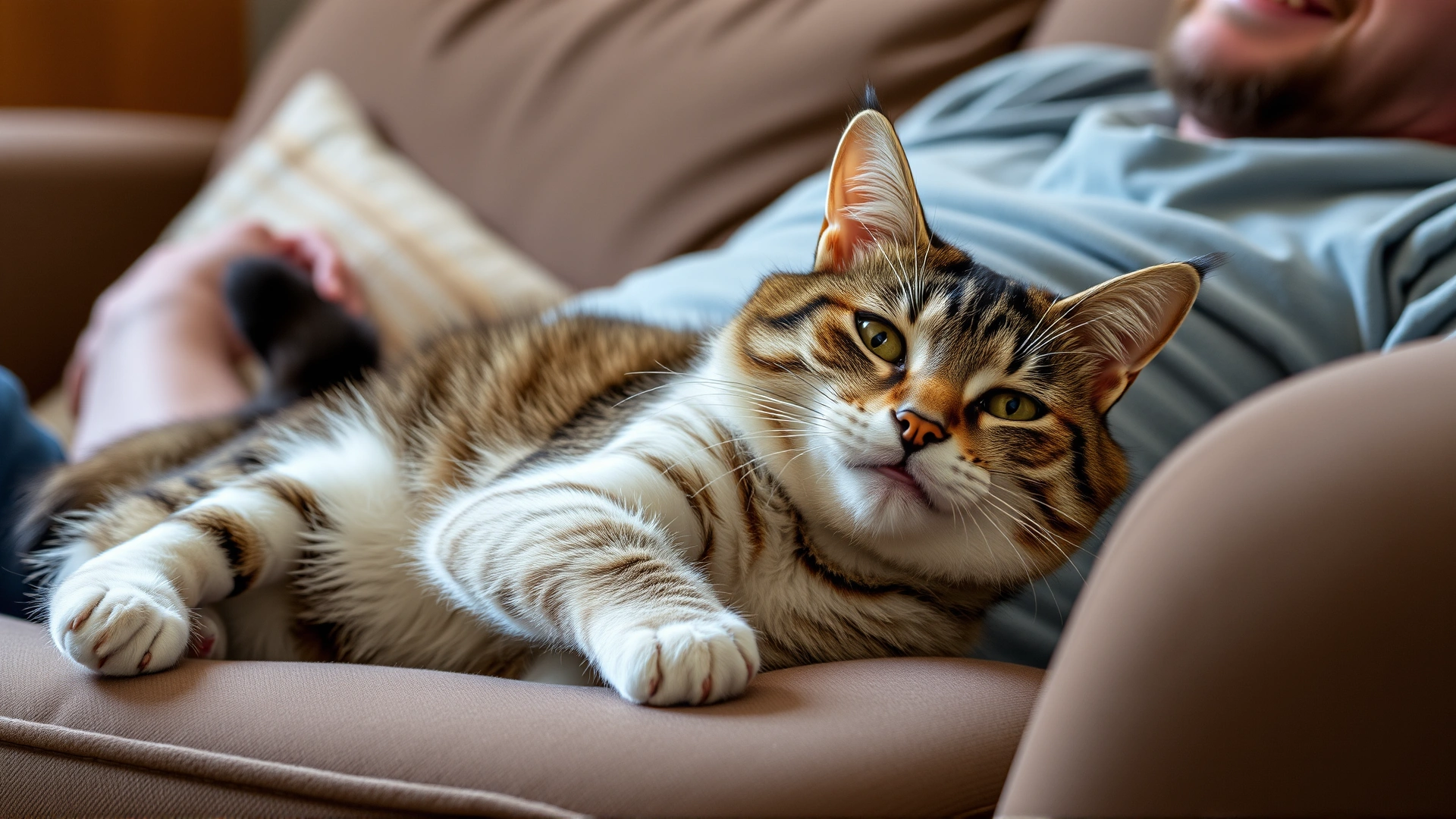 Cat lounging comfortably next to a smiling human on a couch, tail slightly raised, conveying trust