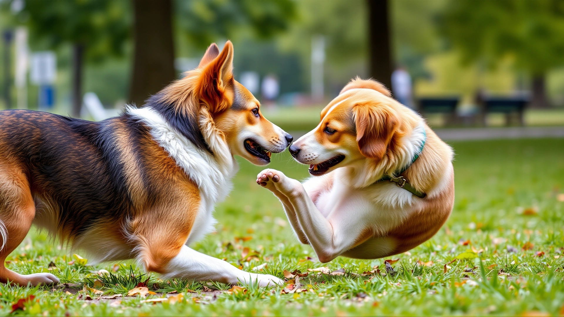 Two friendly dogs meeting in a park, one showing its belly to the other as a sign of submission and trust