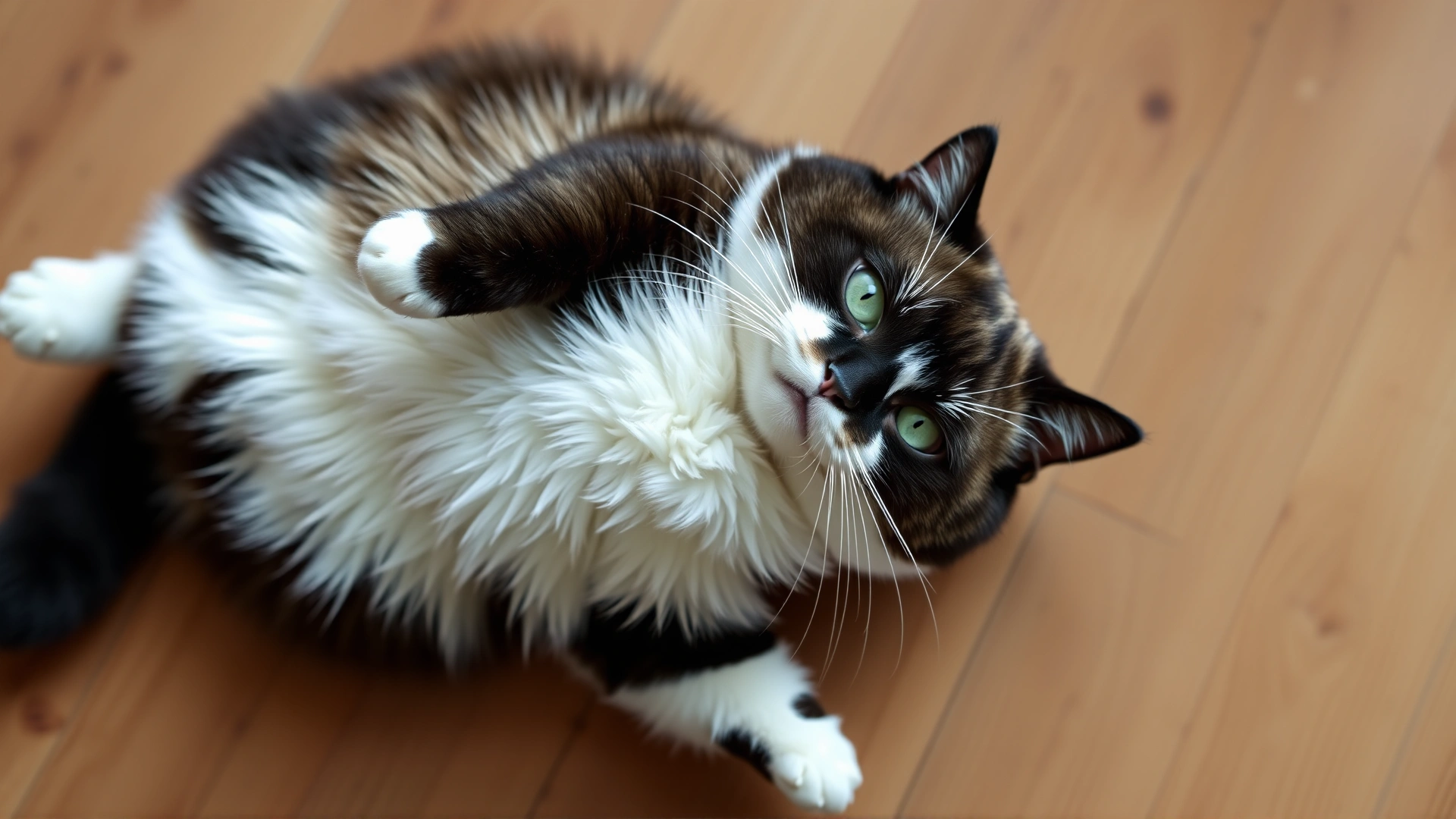 A humorous top-down shot of a chubby black-and-white tuxedo cat (Tubcat) sprawled on a wooden floor, referencing the famous internet meme.