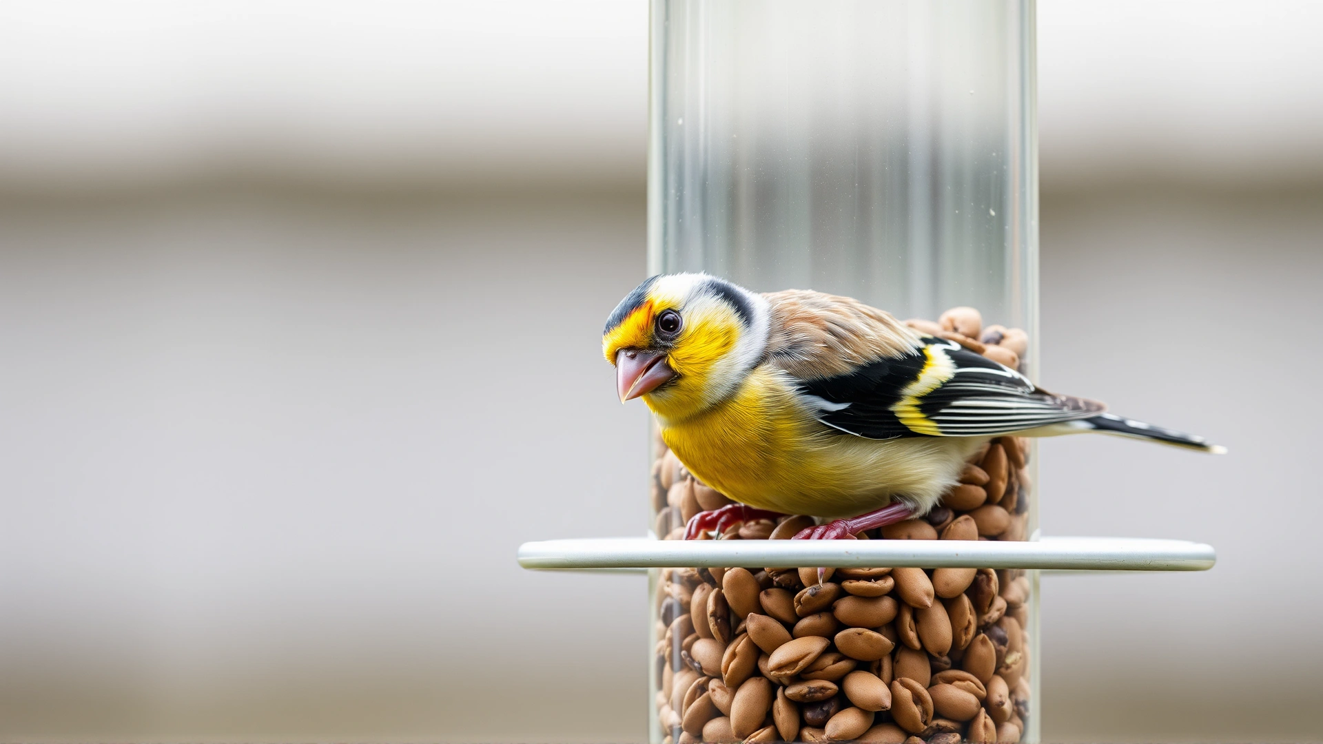Close-up of a transparent tube bird feeder filled with black oil sunflower seeds, with a goldfinch perched and eating.