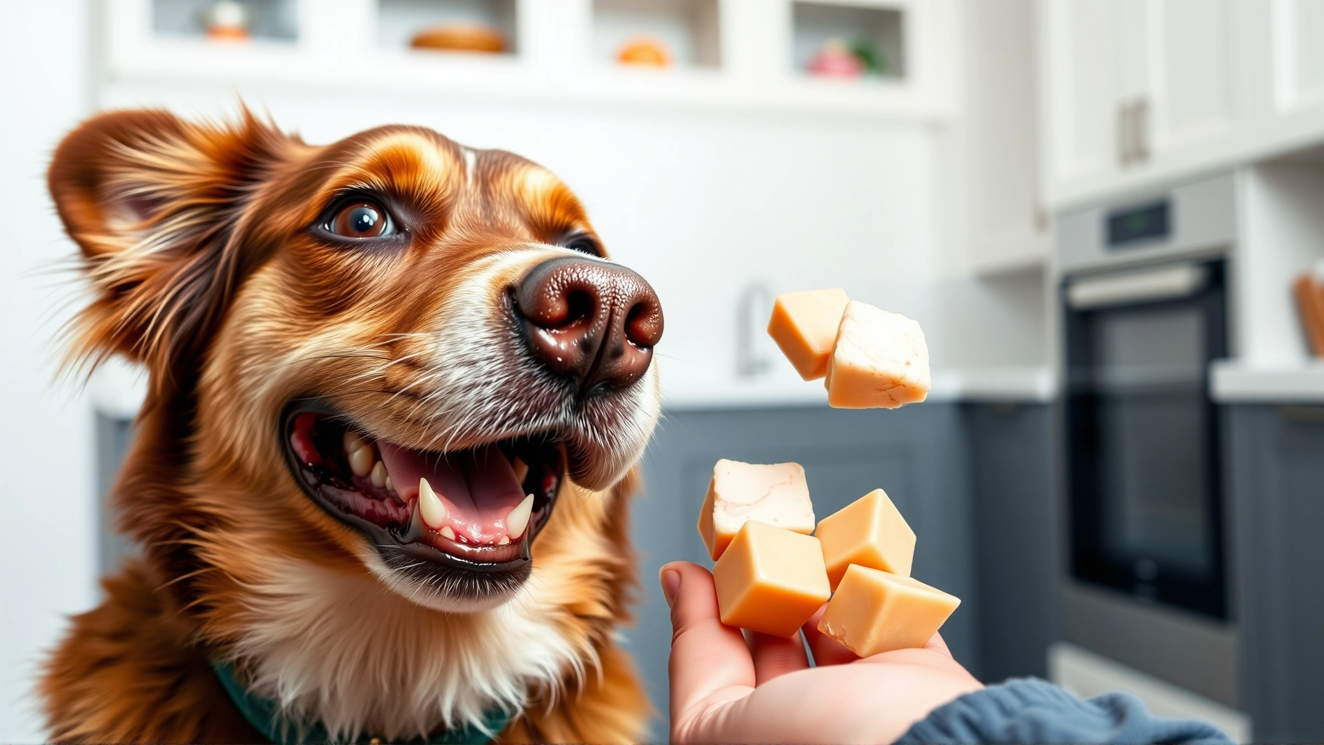 Close-up of a smiling dog being hand-fed small cubes of plain cooked turkey in a modern kitchen, owner’s hand visible.