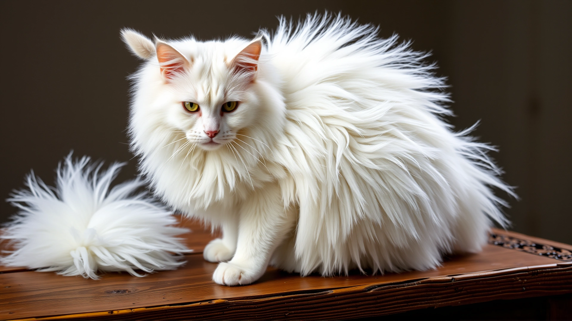 Full-body photo of a Turkish Angora cat with flowing white coat and plume-like tail, sitting on a rustic wooden table, no text