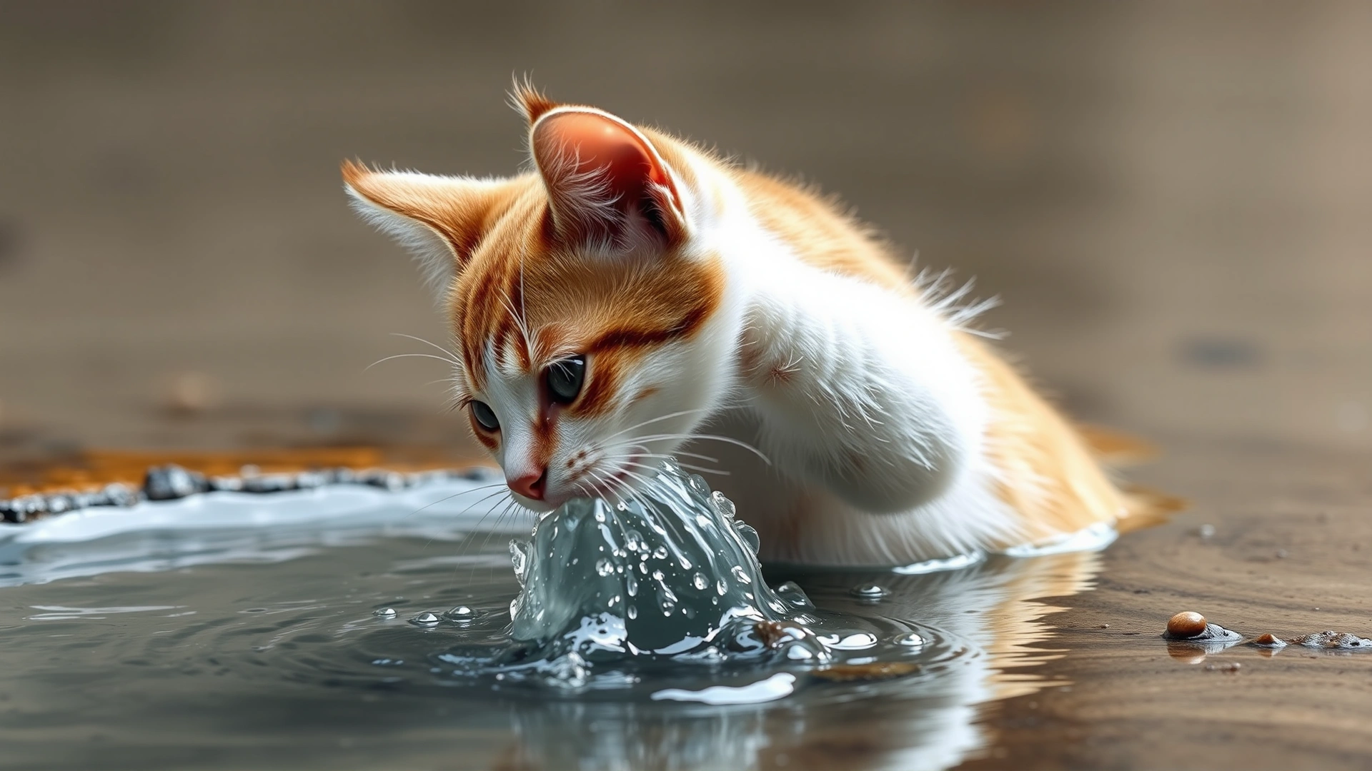 A Turkish Van cat playfully splashing its paw in a shallow basin of water, emphasizing its affinity for water