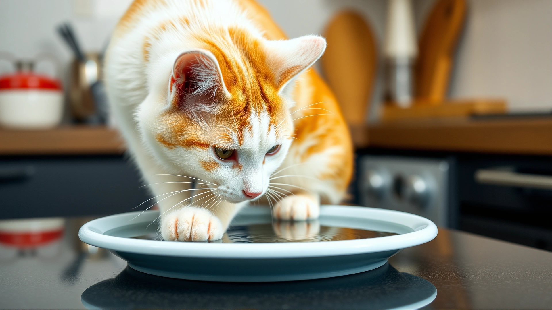 Turkish Van cat gently pawing at water in a shallow bowl, water ripples visible, kitchen setting
