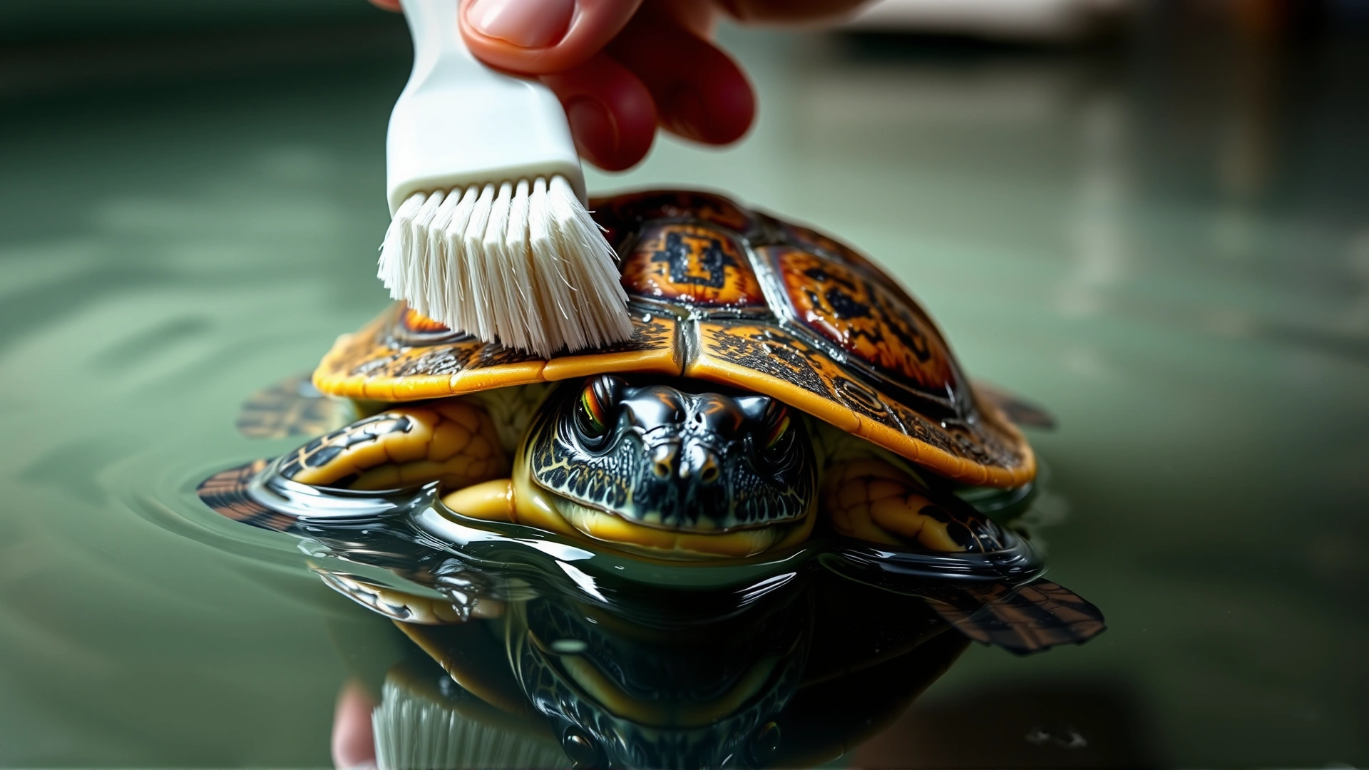Close-up of a red-eared slider turtle being gently brushed on its shell with a soft toothbrush in shallow water, focus on the shell, indoor lighting
