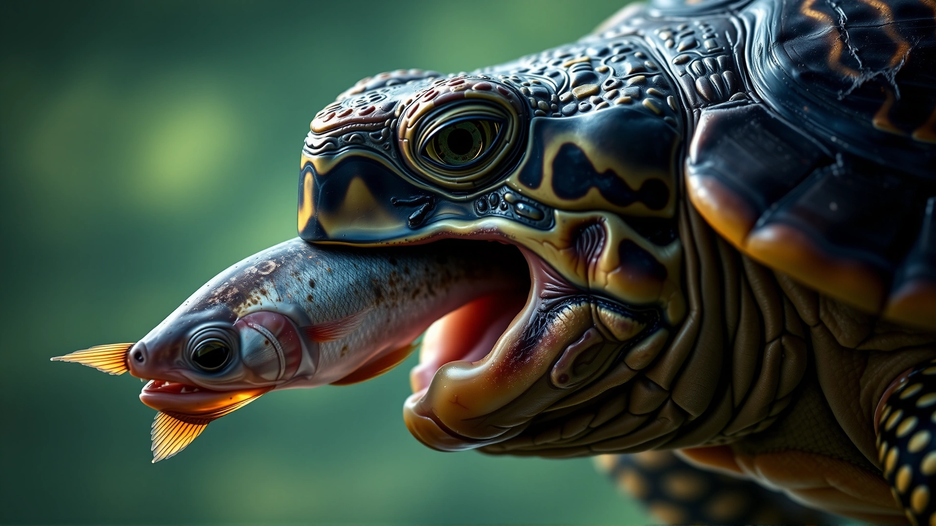 Side profile close-up of a carnivorous turtle opening its sharp beak while biting into a fish, shallow depth of field, high detail