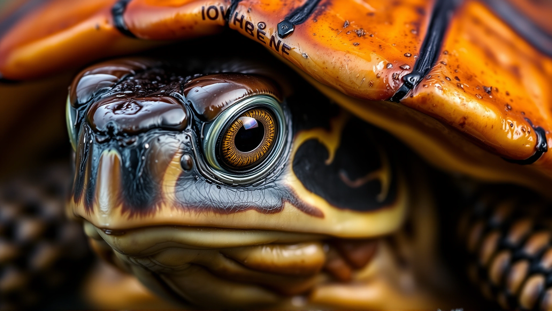 Macro shot of a Common Box Turtle's head peeking out from its shell, highlighting eye color and skin texture.