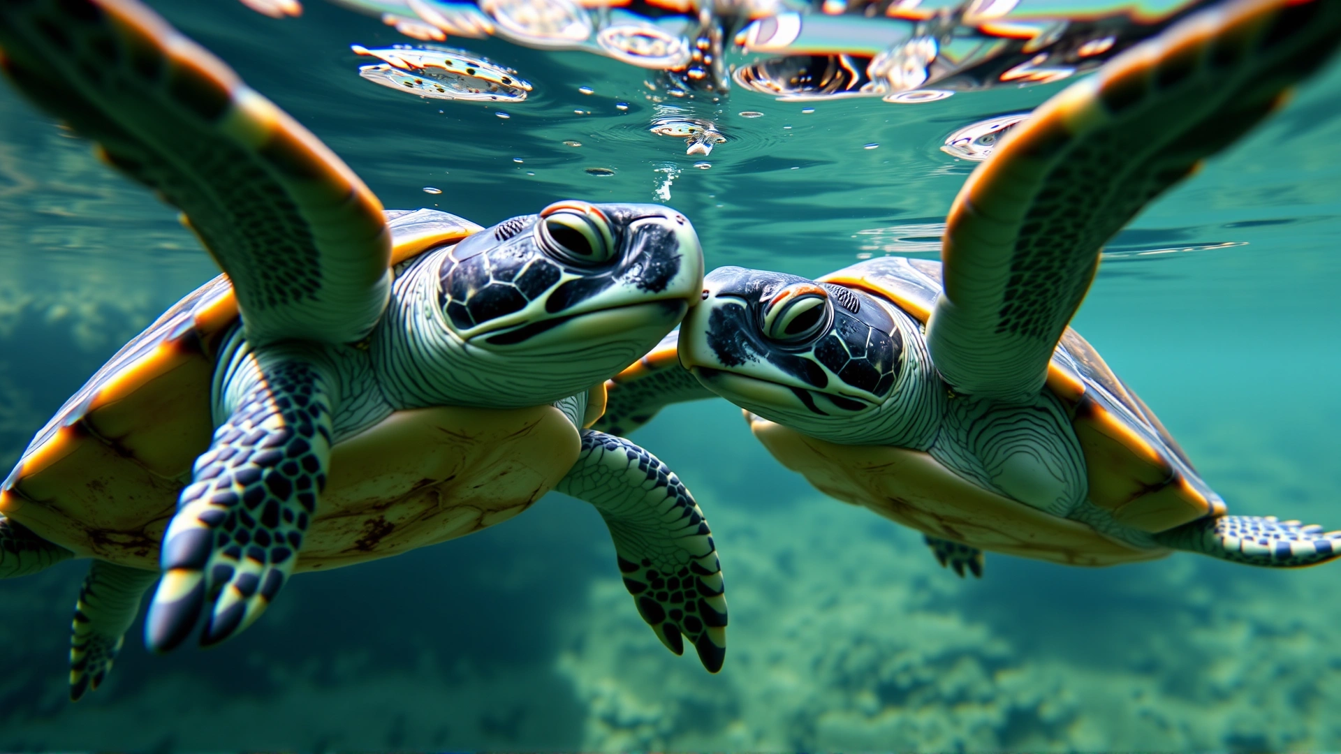 Two red-eared slider turtles engaging in courtship behavior underwater, soft natural lighting, high-resolution, no text