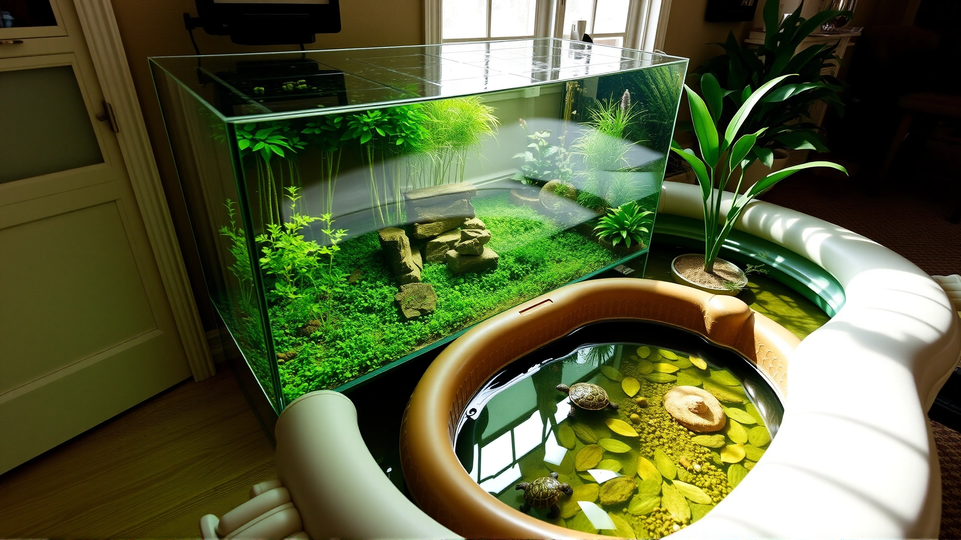 Indoor terrarium and adjacent small outdoor kiddie pool showing both land and water sections suitable for a pet turtle; bright daytime lighting; no text