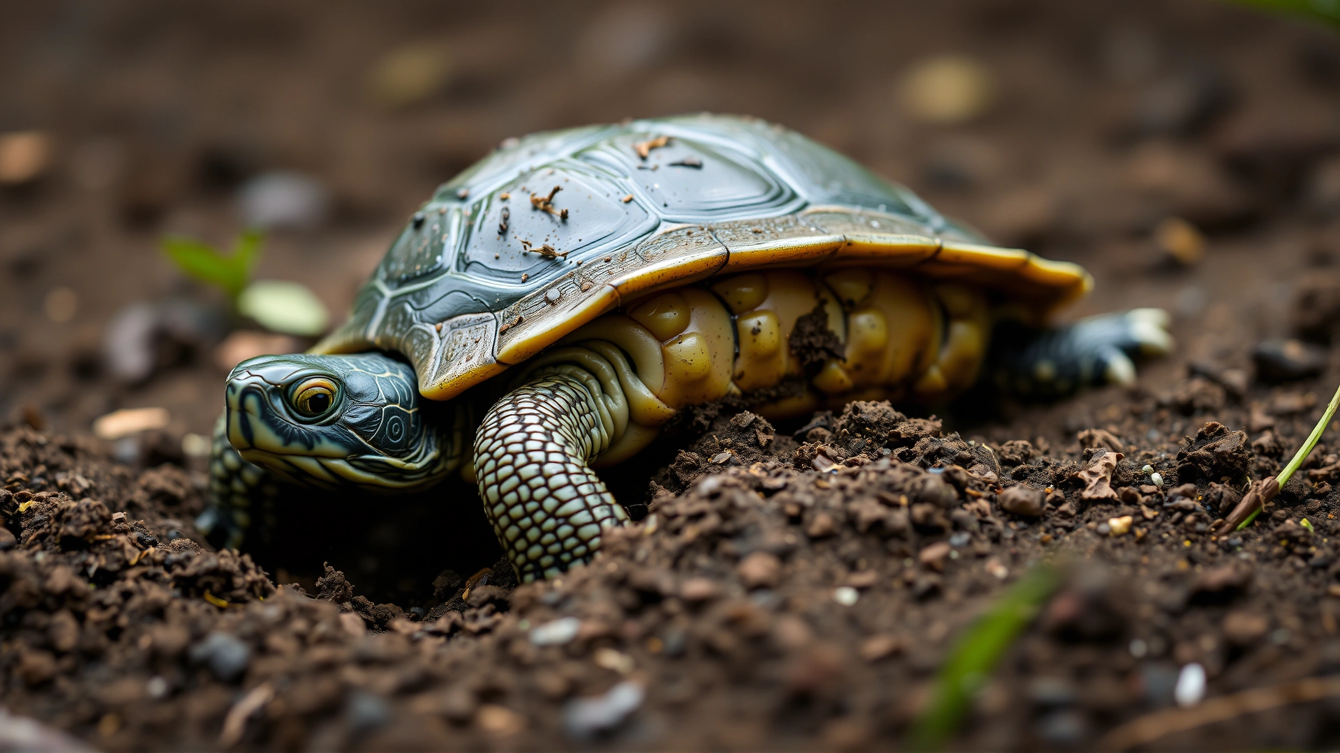 Female freshwater turtle digging a nest in moist soil with hind legs, shallow depth of field, high-resolution, no text