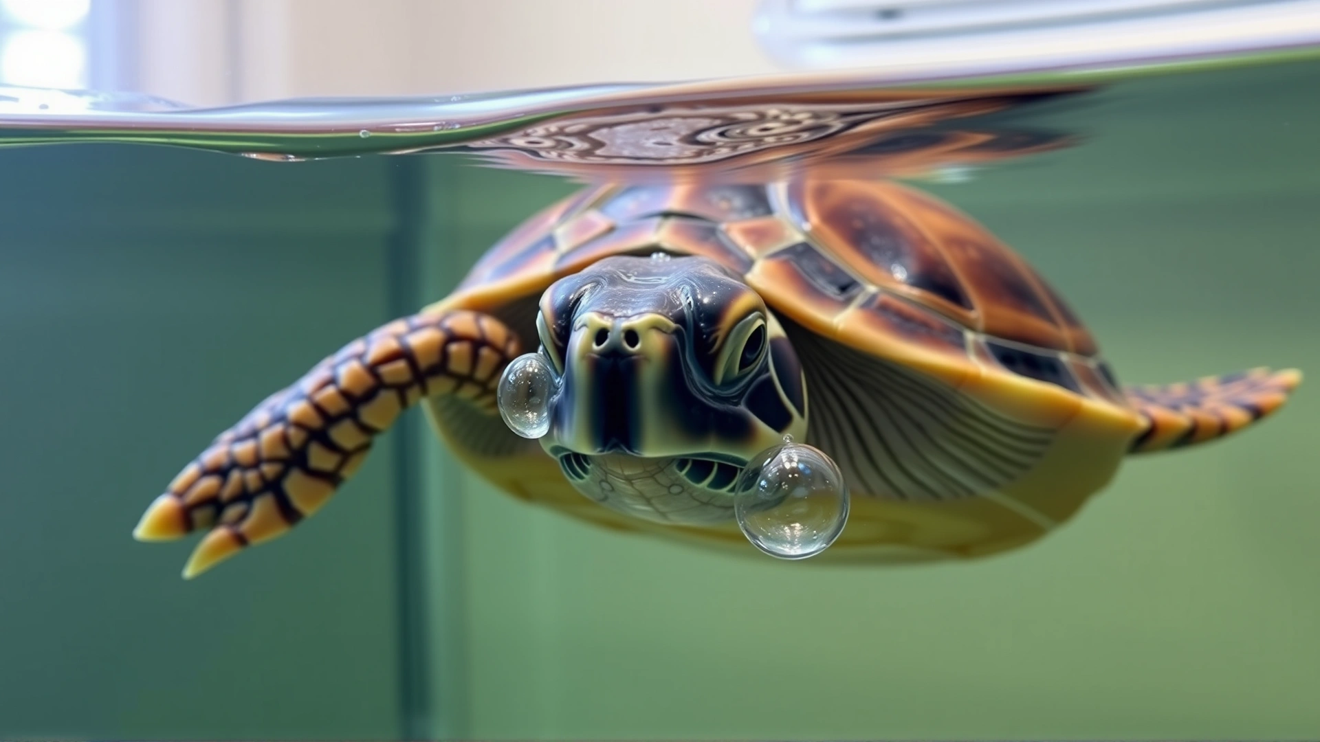 Pet turtle floating unevenly at water surface with bubbles around nostrils, illustrating respiratory issue, indoor tank setting.