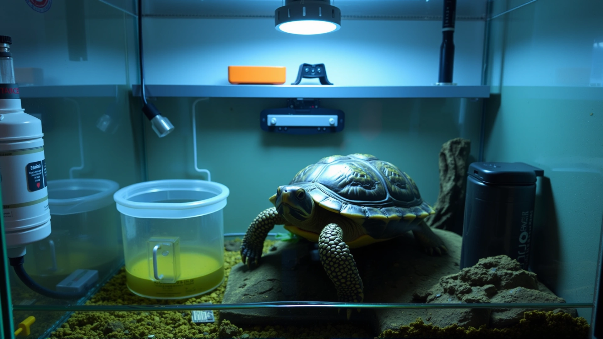 Well-equipped indoor turtle tank featuring basking platform, UVB lamp, water heater, and filtration system, photographed from front angle.