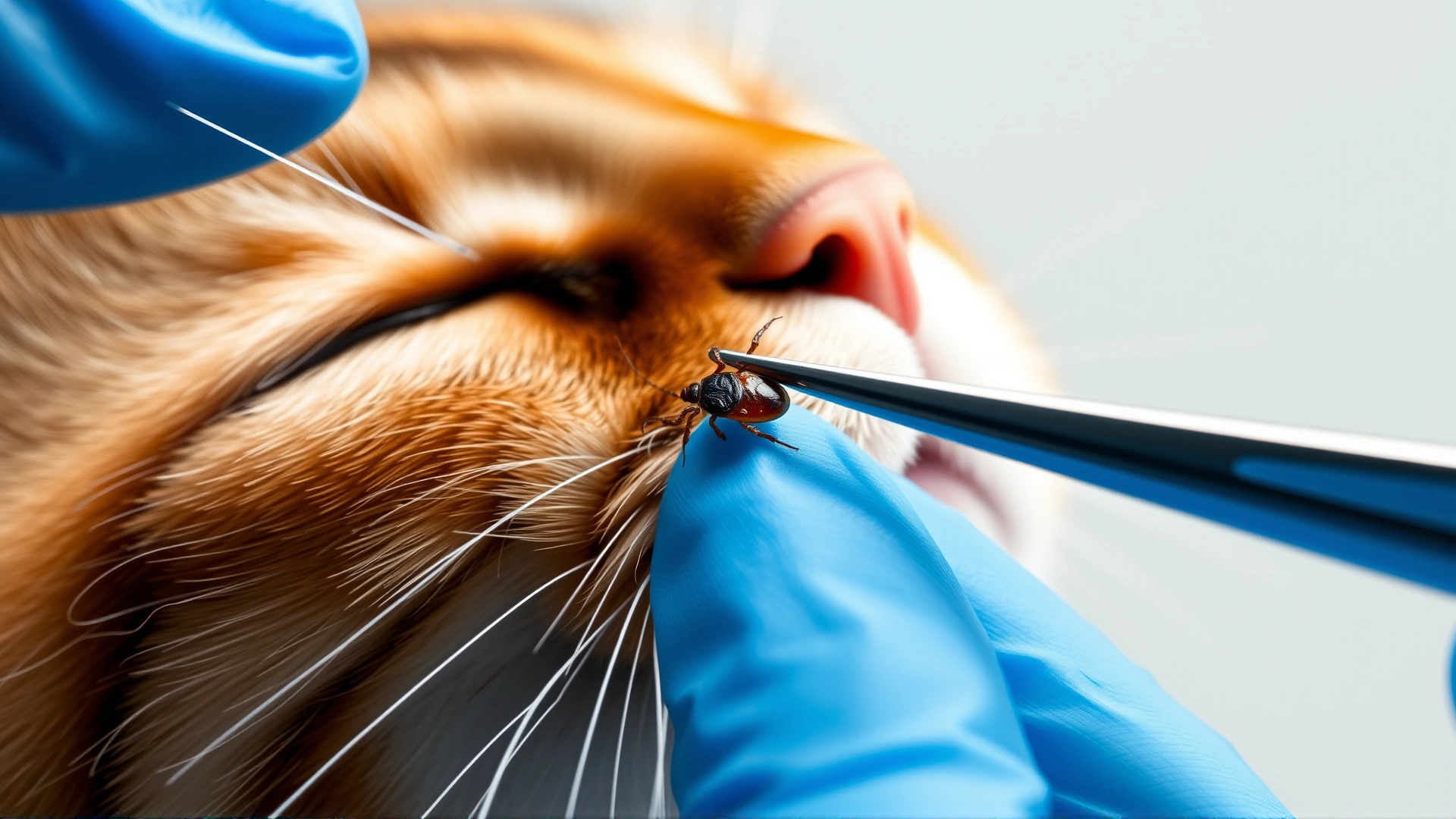 Close-up of specialized tick-removal tweezers gripping a tick near the skin of a cat, hygienic setting with blue nitrile glove