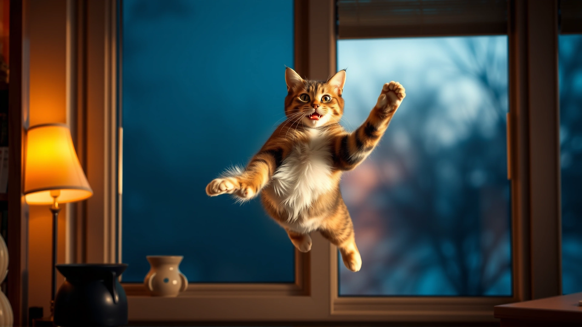 A playful cat leaping through the air at dusk near a window with warm ambient light, illustrating dawn/dusk activity.