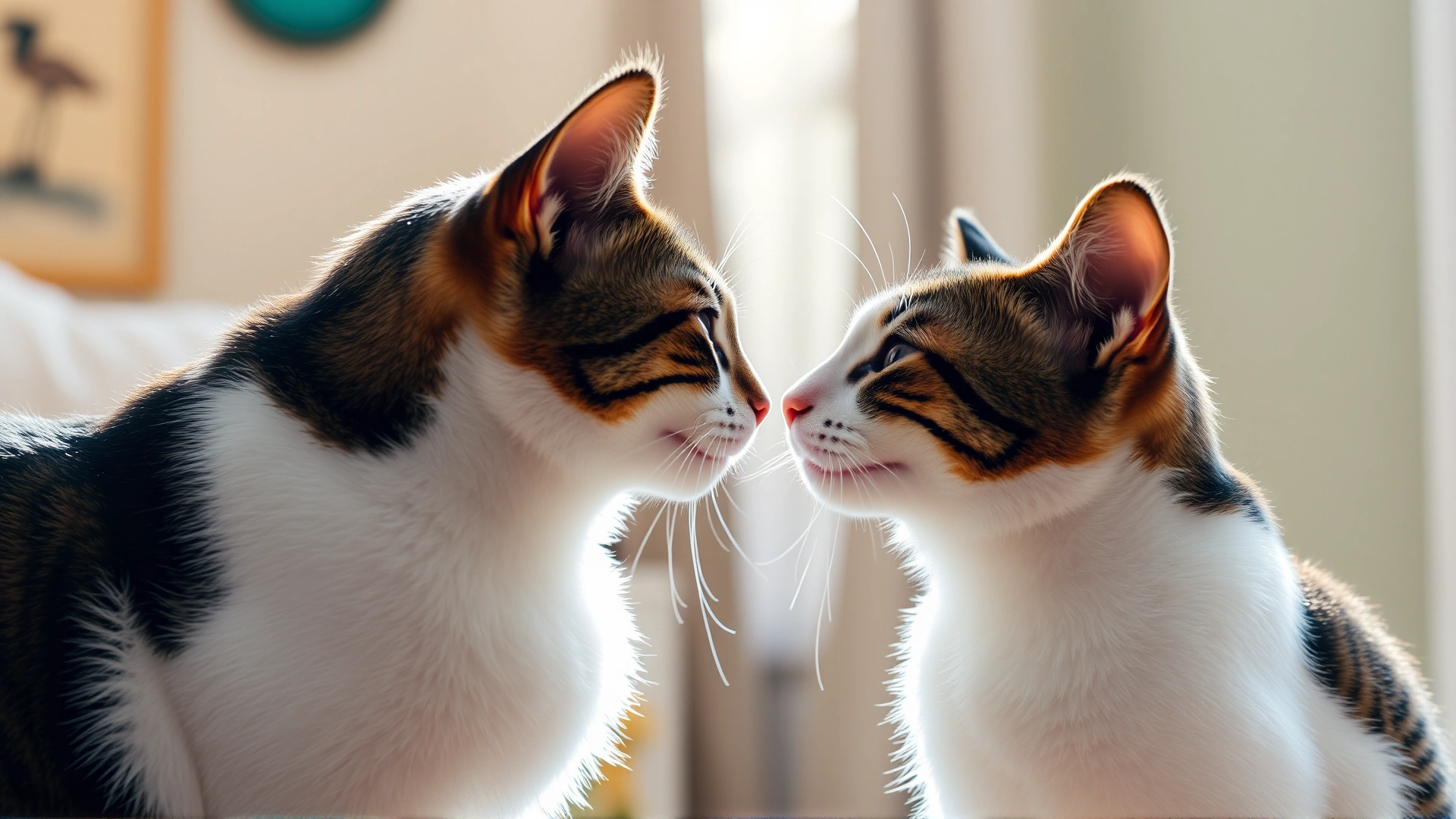 Two friendly cats gently touching noses in a sunlit room, symbolizing successful introduction of a second cat.