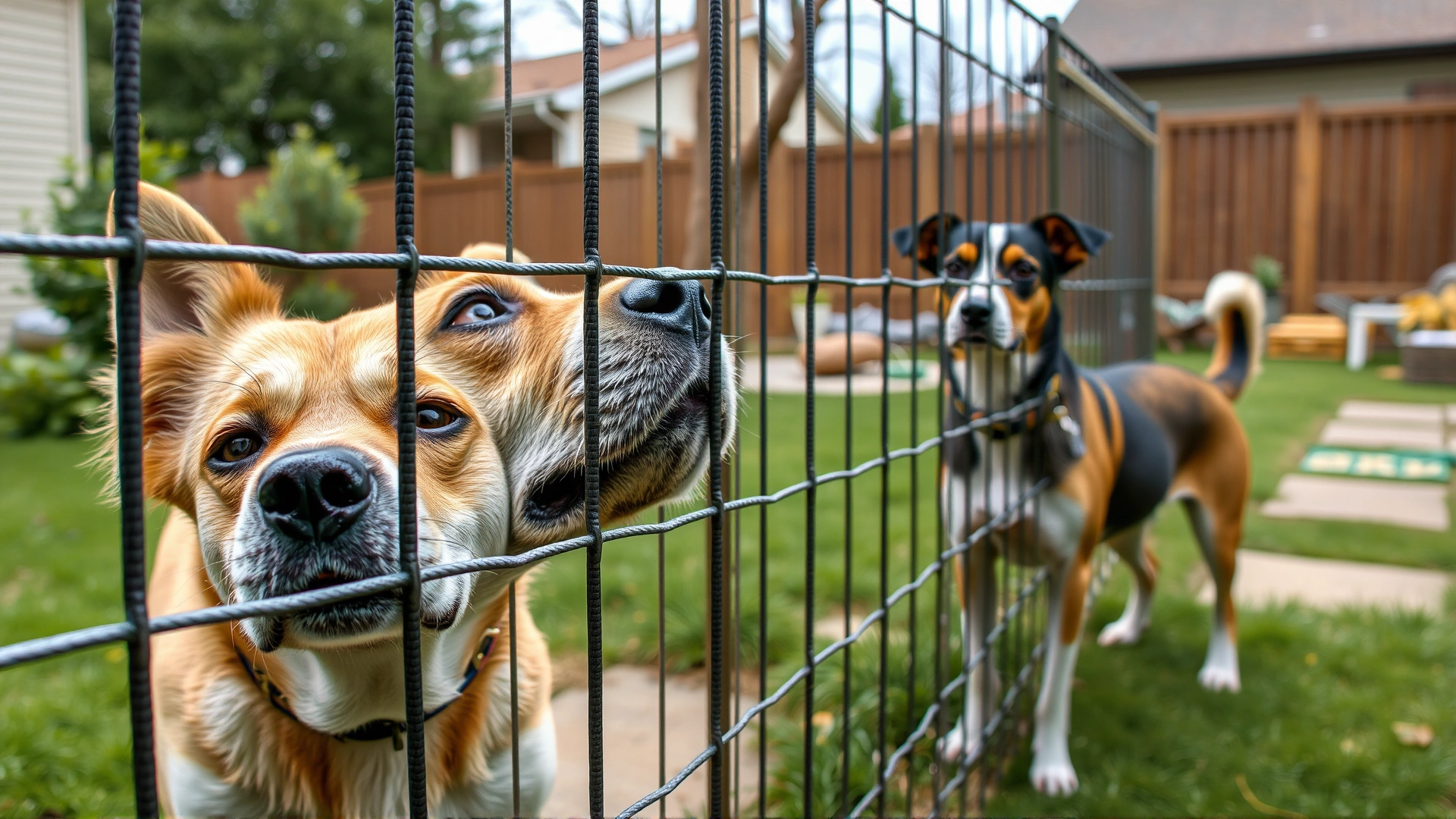 Scene of a curious male dog sniffing through a metal fence while a female dog stands calmly on the other side, suburban backyard setting, daytime, no people.