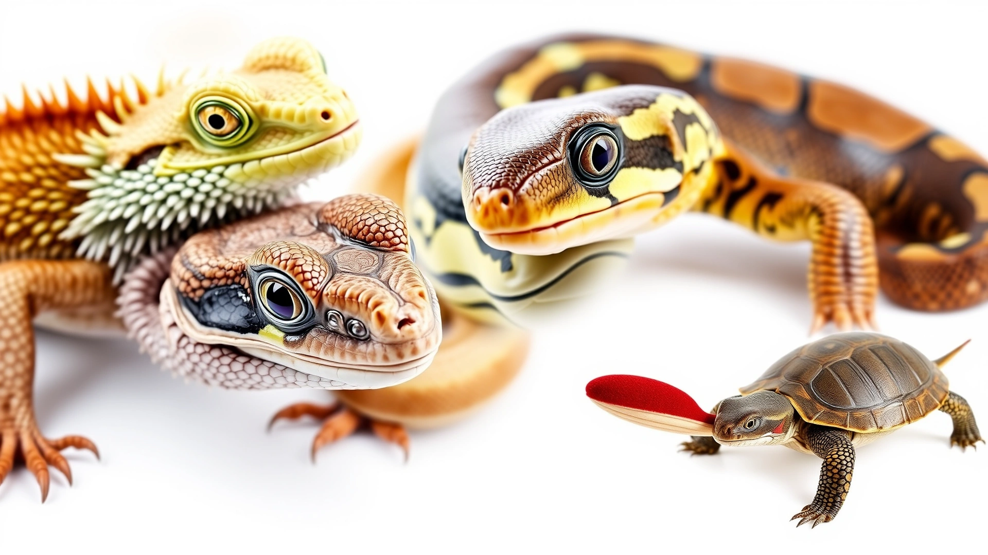 Collage of a bearded dragon, a ball python, and a red-eared slider turtle on clean white background, showcasing common reptile species affected by internal worms.