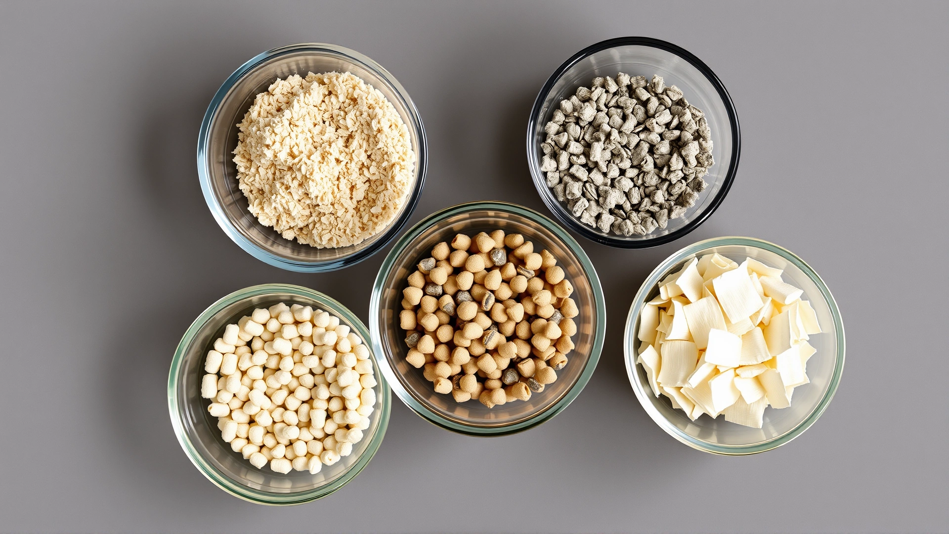 Top-down view of five small glass bowls, each containing a different cat litter type: clumping clay, non-clumping clay, silica crystals, pine pellets, and recycled paper.