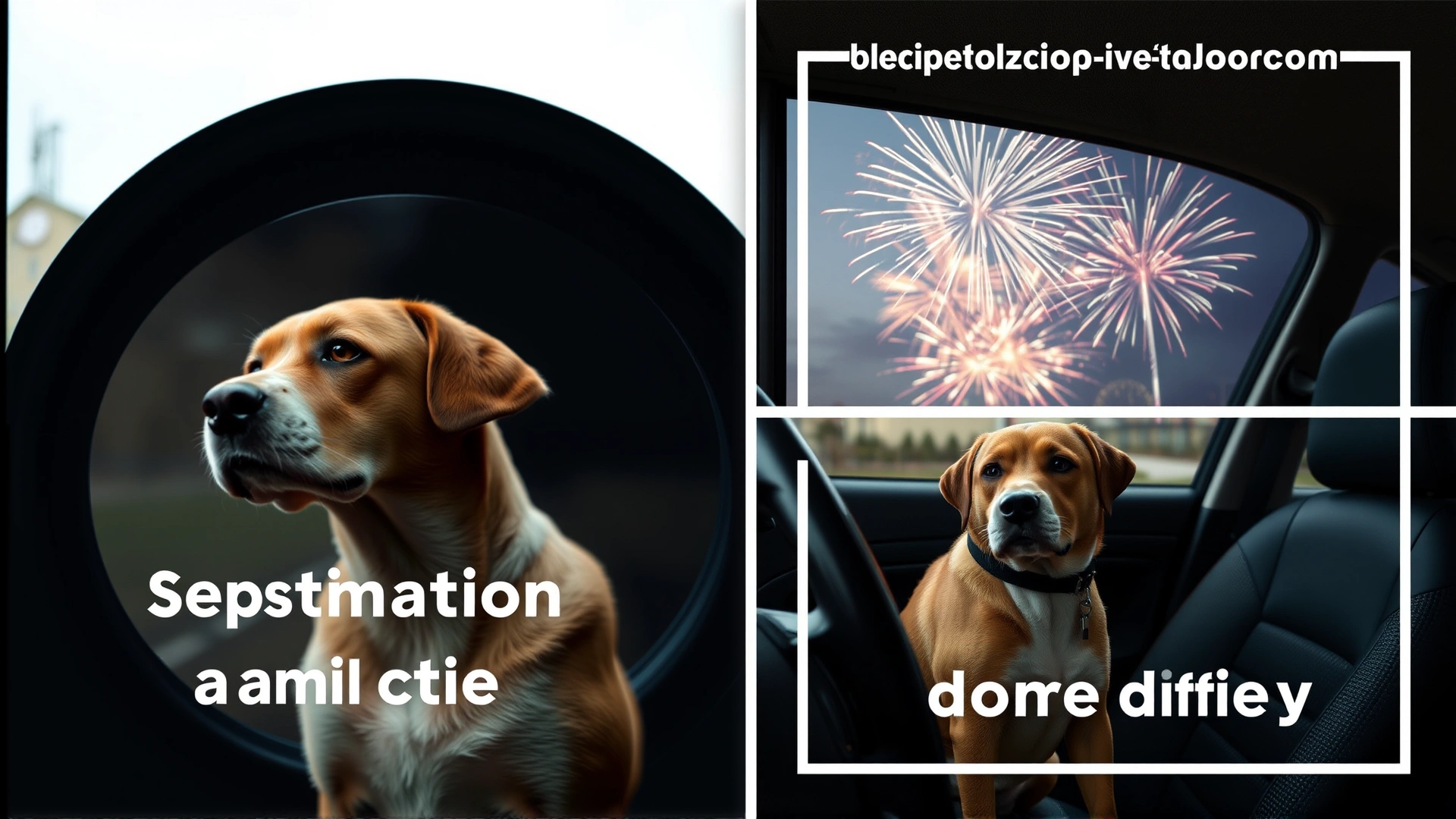 Collage-style AI image showing three scenes: a dog alone at a window (separation anxiety), a dog cowering during fireworks outside window (noise phobia), and a dog reluctant to enter a car (travel anxiety). No text in image.