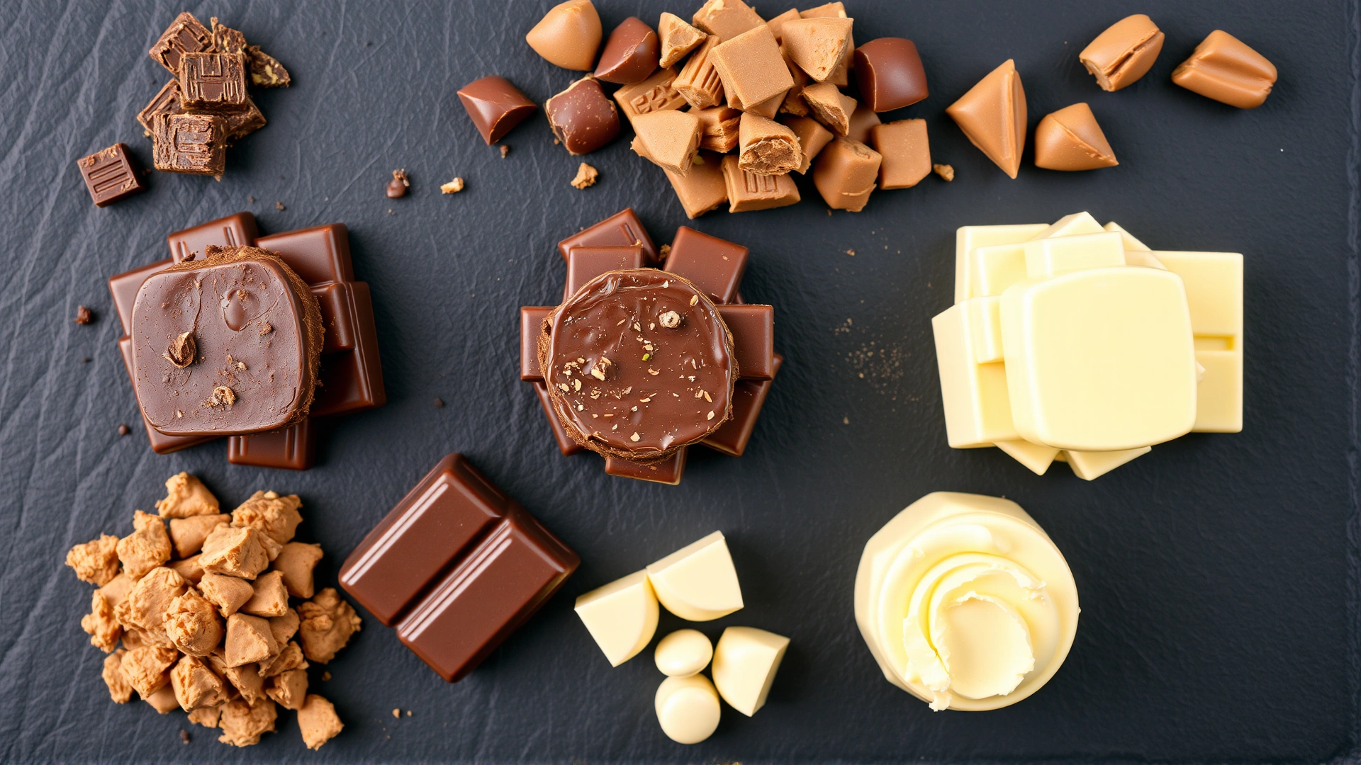 Top view of different types of chocolate (baking chocolate, dark, milk, white) arranged in separate piles on a slate board, high resolution