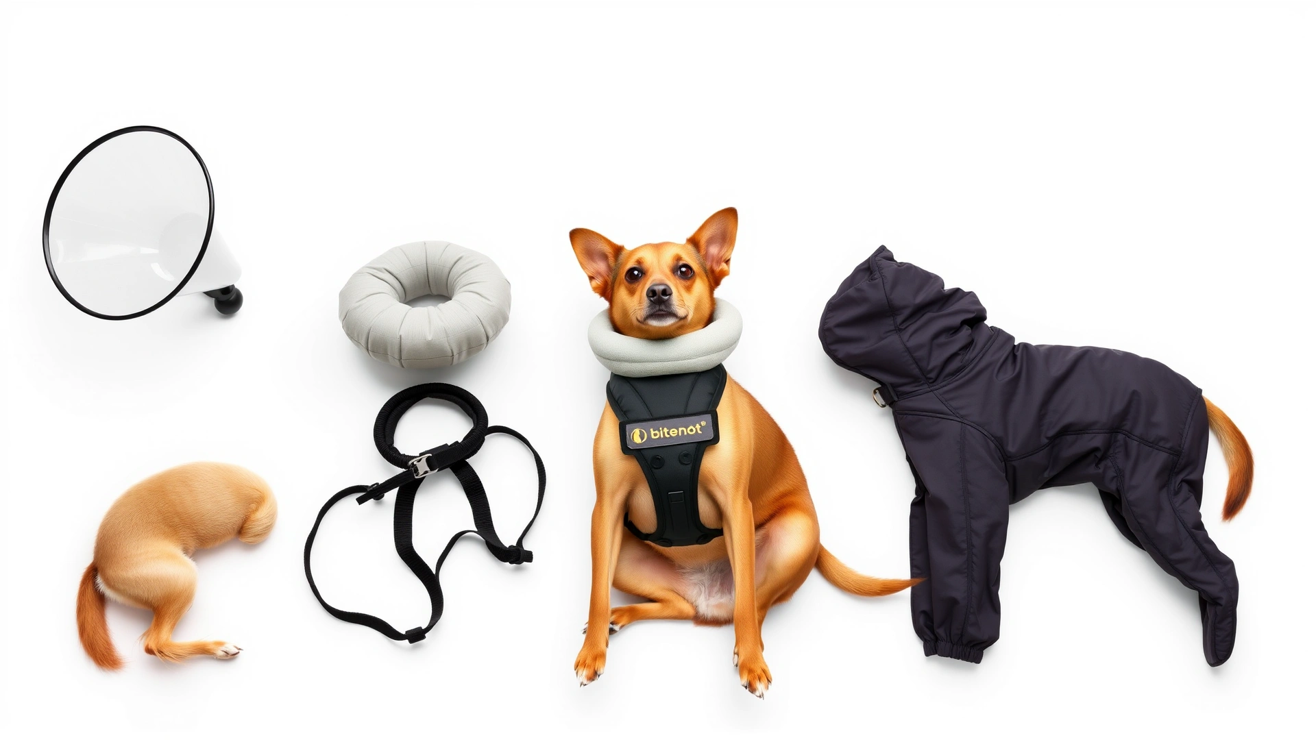 Flat lay on a white background displaying five different dog recovery aids: a rigid plastic cone, a soft fabric cone, an inflatable collar, a BiteNot neck brace, and a full-body recovery suit