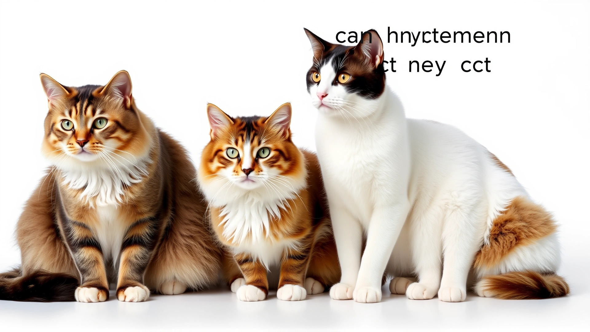 Three domestic cats of different breeds sitting side by side on a clean white background, illustrating that lymphoma can affect any cat, no text.