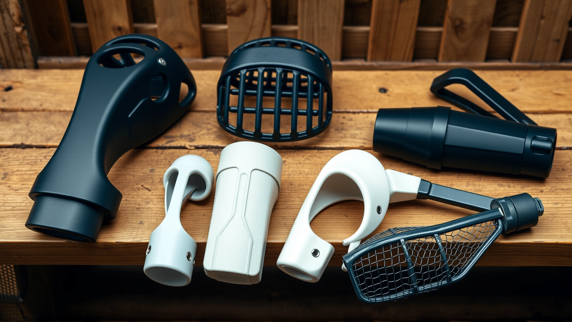 Flat lay of various grazing muzzle designs (nylon basket, lightweight polymer, metal mesh) displayed on a wooden stable bench