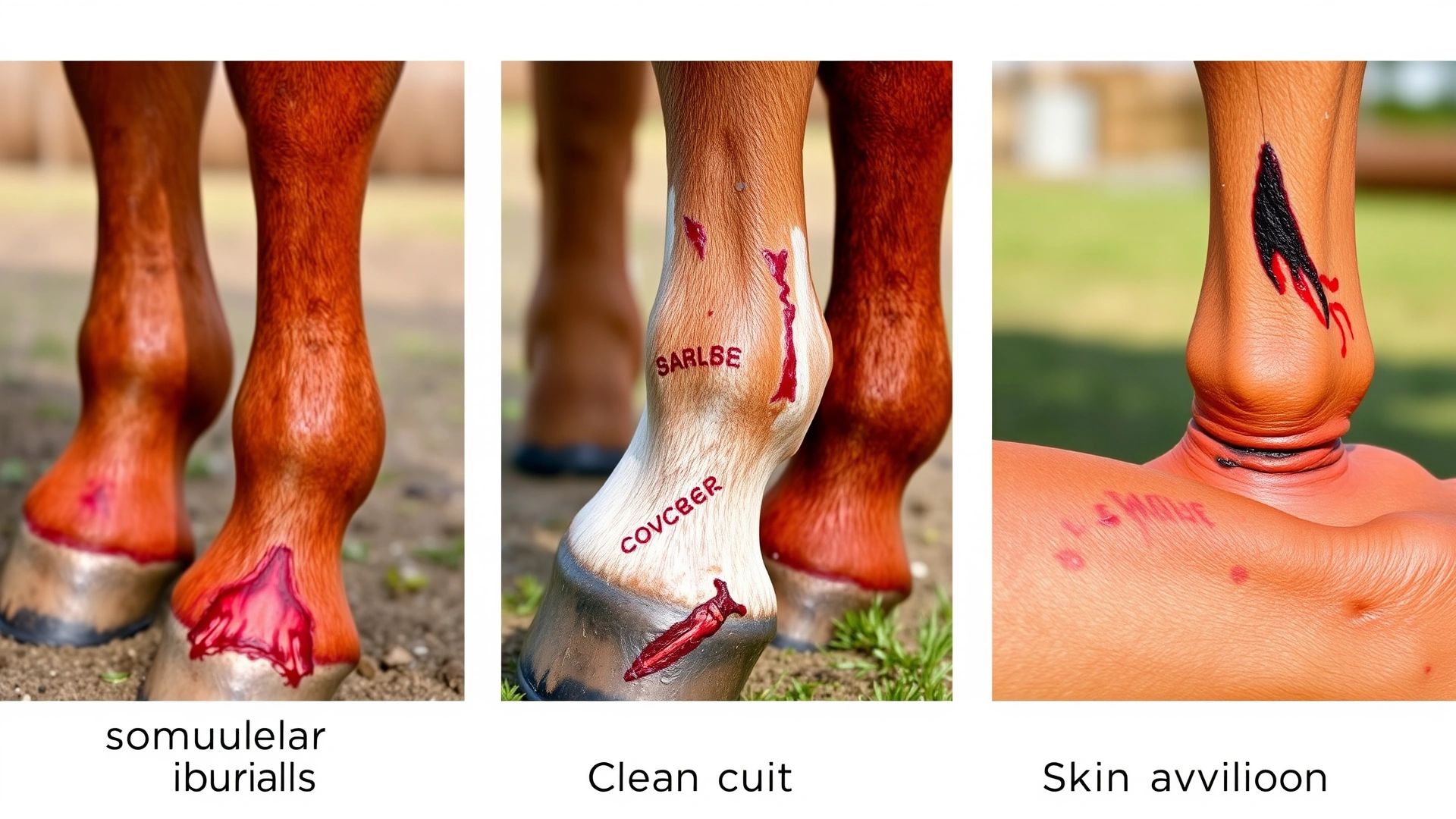 Collage-style photo showing four horse limbs with different wound types: a superficial abrasion, a clean cut, a puncture, and skin avulsion, shot with soft natural light. No text on image.