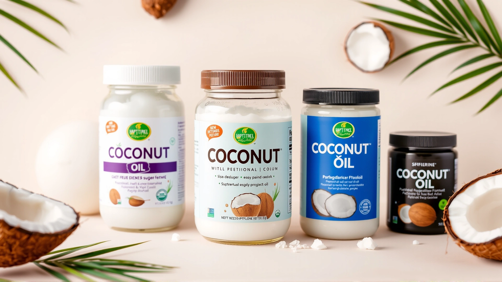 Flat lay of various coconut oil products: jars of virgin, refined, and fractionated coconut oil on a neutral background, no visible text, realistic photography