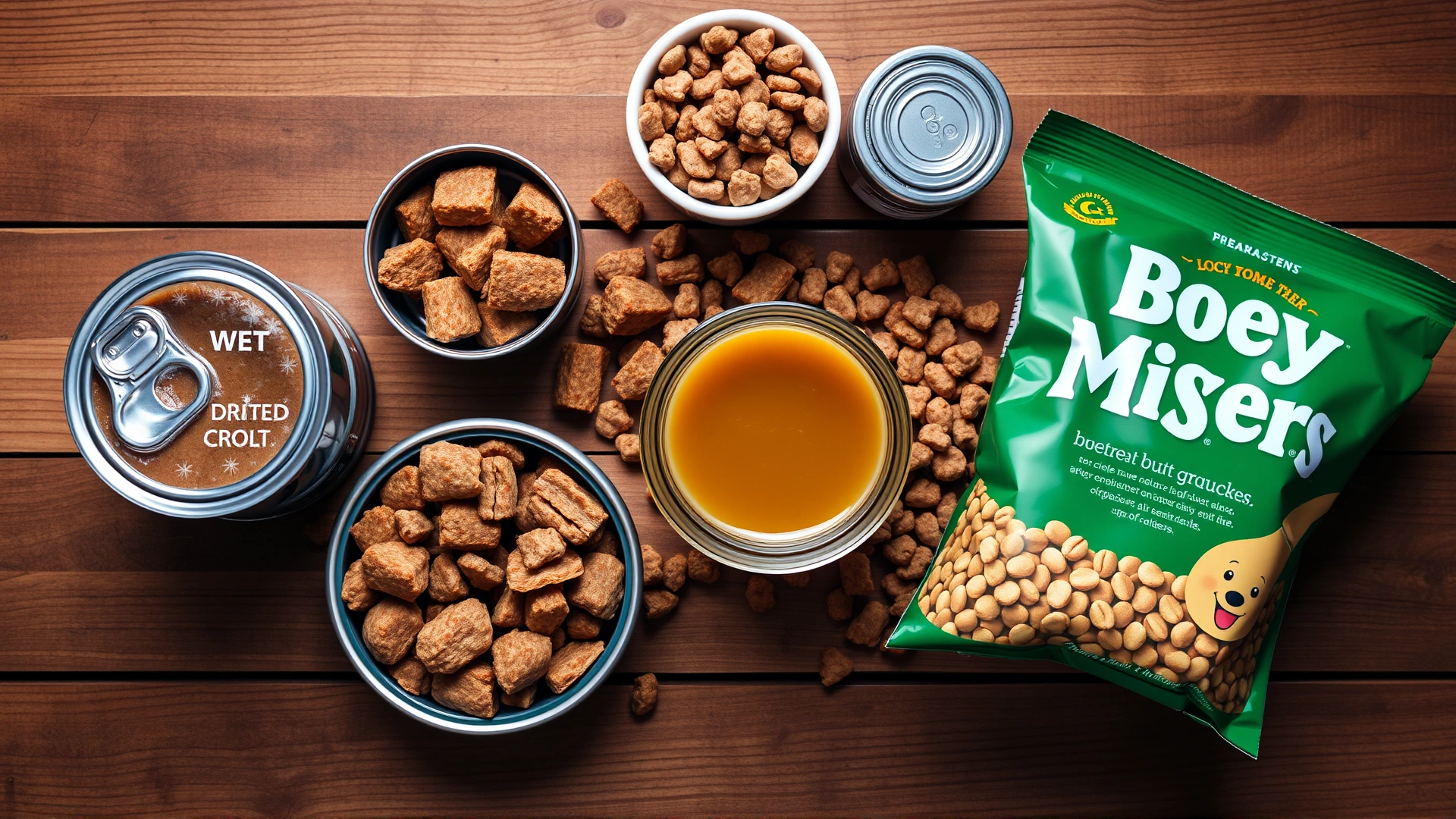 Assortment of different commercial dog food toppers displayed on a wooden table: canned wet food, freeze-dried chunks, bone broth in a small jar, and kibble mixers, photographed from above.