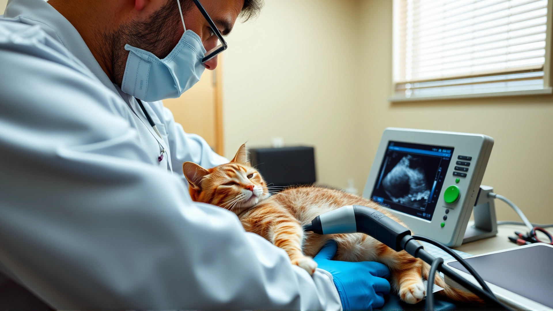 Veterinarian performing an abdominal ultrasound on a calm cat; ultrasound probe and monitor visible, clinical environment