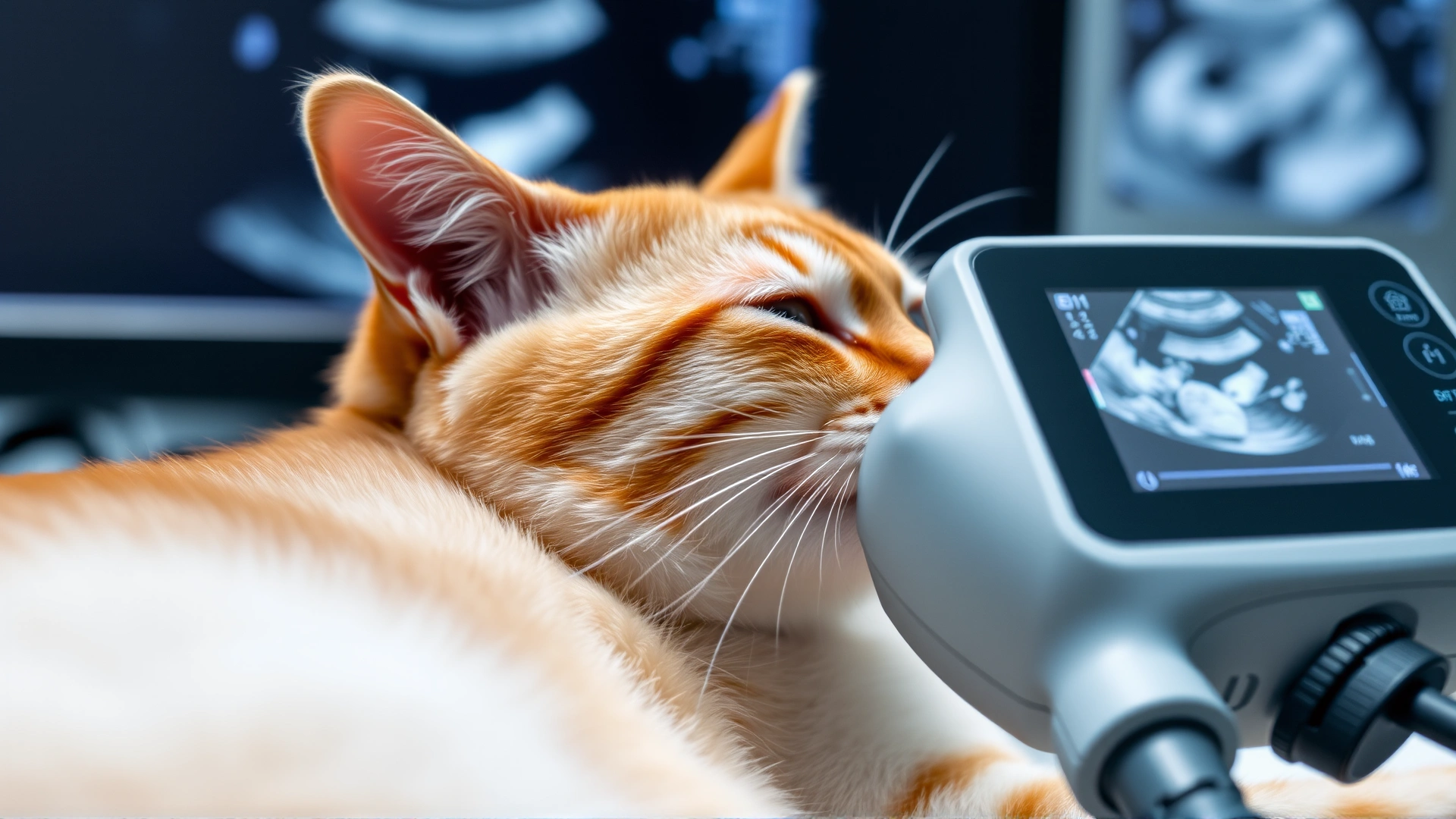 Close-up of handheld ultrasound scanner on a cat's shaved belly showing monitor blurred, illustrating diagnostic imaging