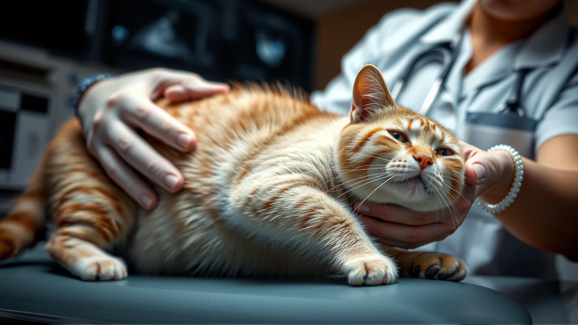 Image of a veterinarian performing abdominal ultrasound on a calm cat in a clinical setting.