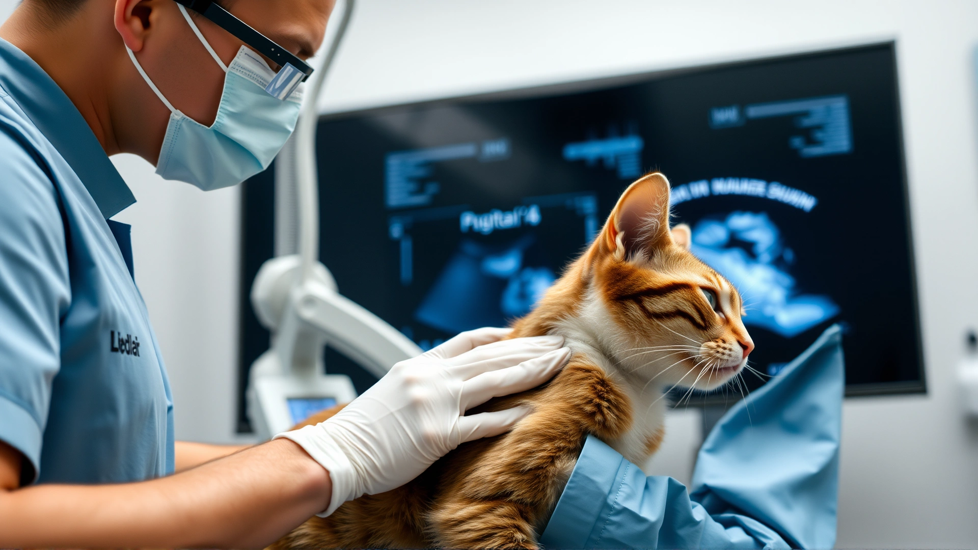 Photograph of a veterinarian performing an ultrasound scan on a cat's neck area, modern clinic environment.