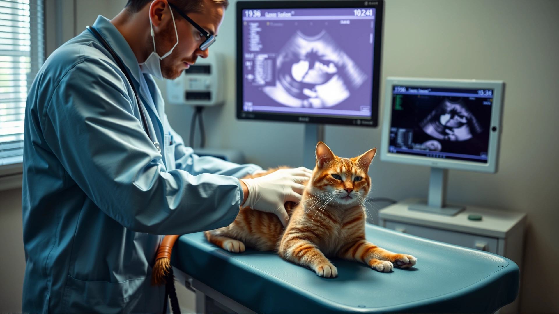Veterinarian performing an abdominal ultrasound on a sedated cat in a modern clinic, screen visible but without text.