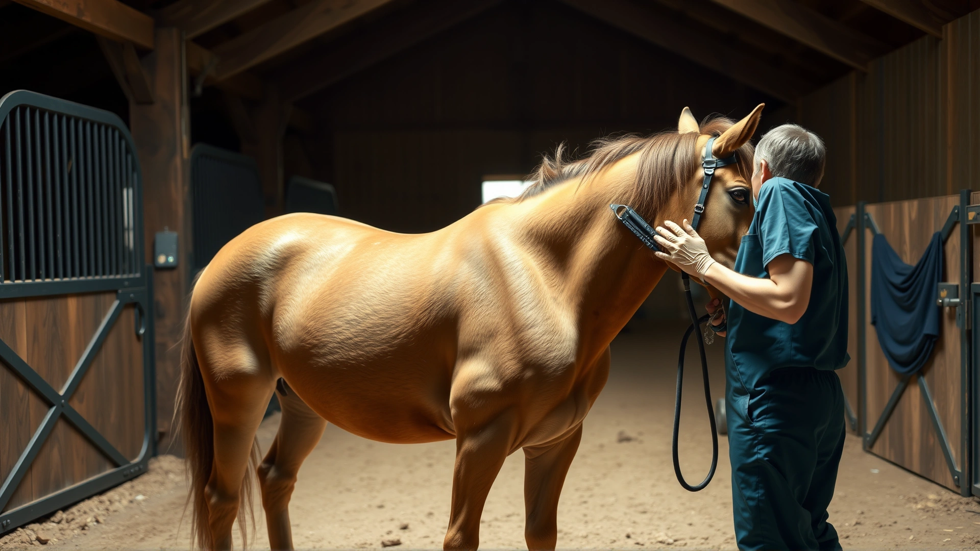 Image of a veterinarian performing an abdominal ultrasound on a standing horse inside a barn, with gentle lighting and no text.