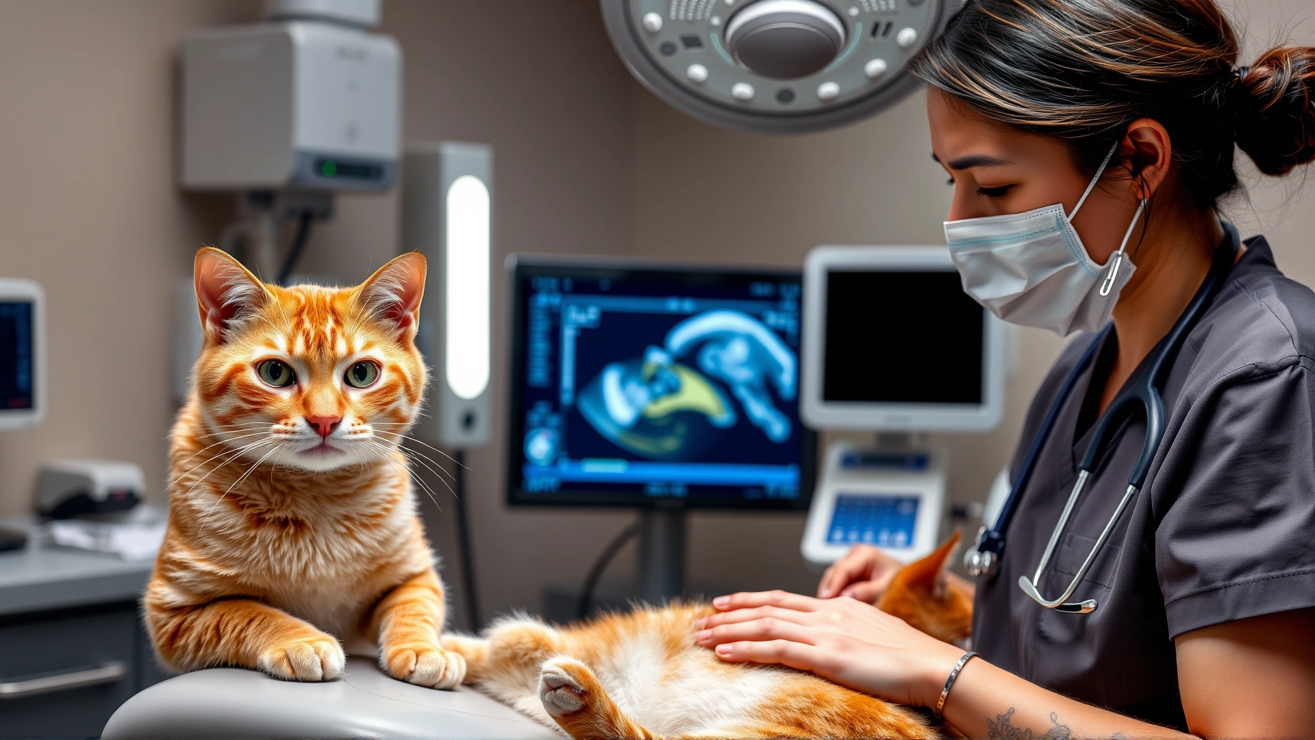 Veterinarian performing abdominal ultrasound on an orange tabby cat in a modern veterinary clinic, equipment visible.