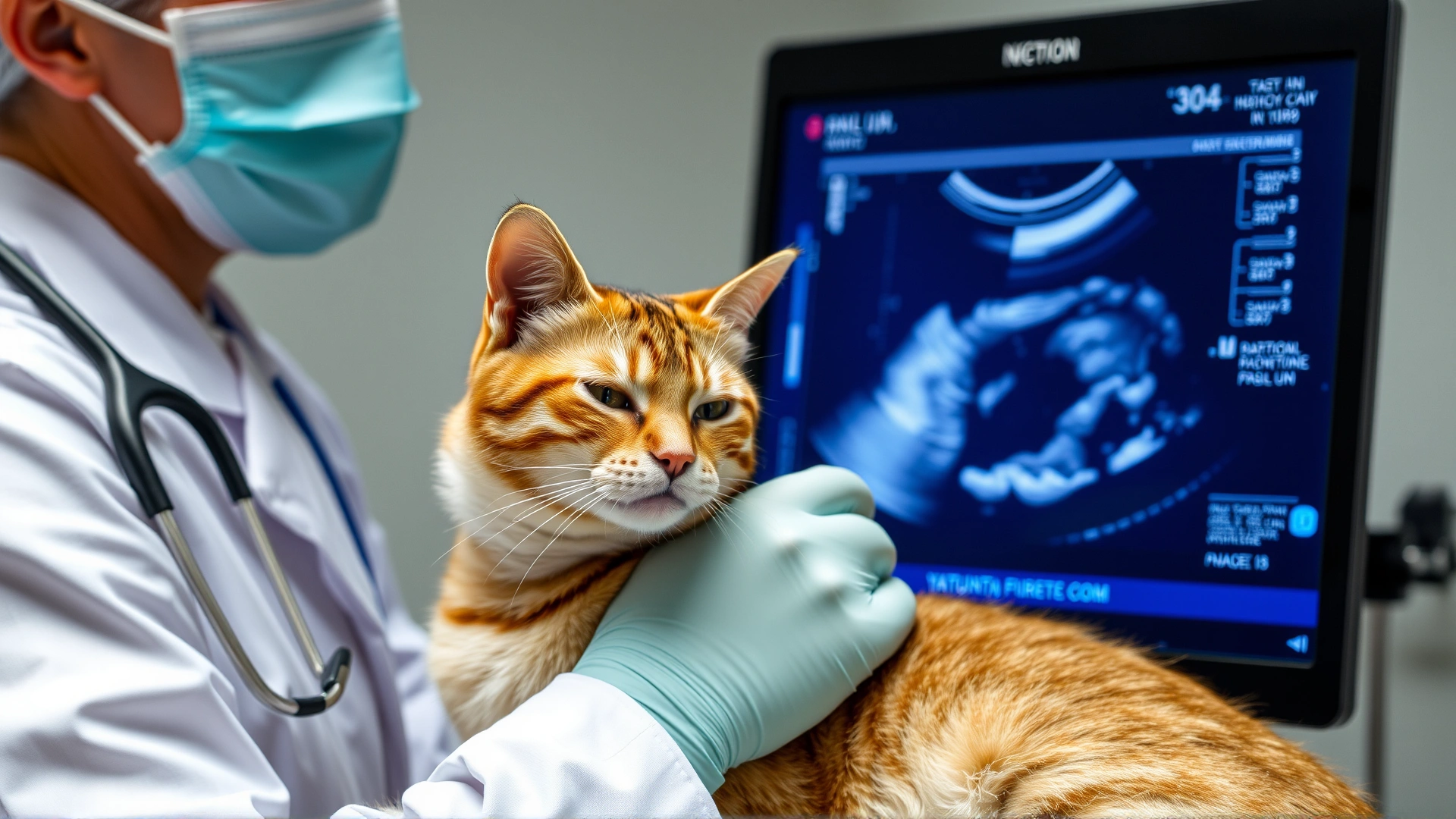 Veterinarian performing abdominal ultrasound on a sedated cat; screen slightly blurred, clean clinical setting, no text.