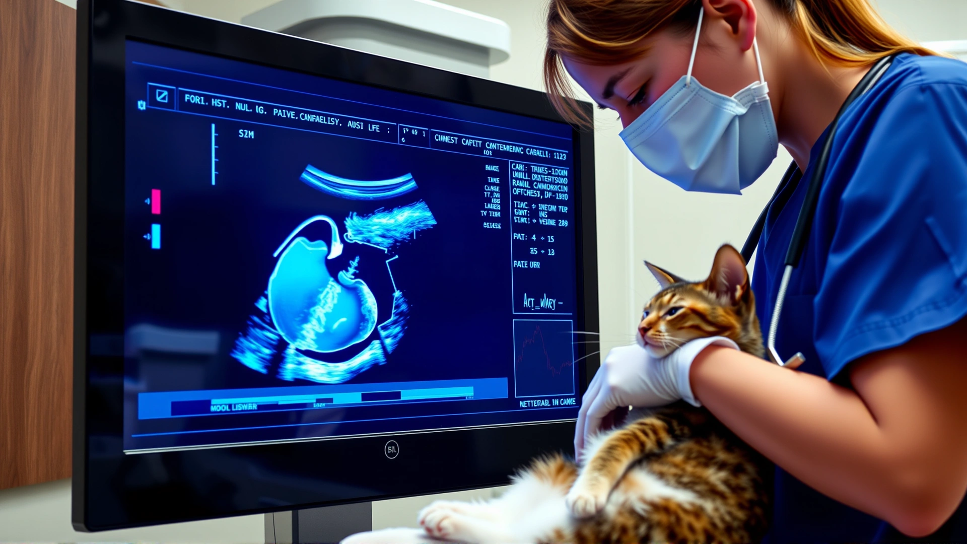 Veterinarian performing an abdominal ultrasound on a cat, monitor showing kidney outline, modern clinic environment.