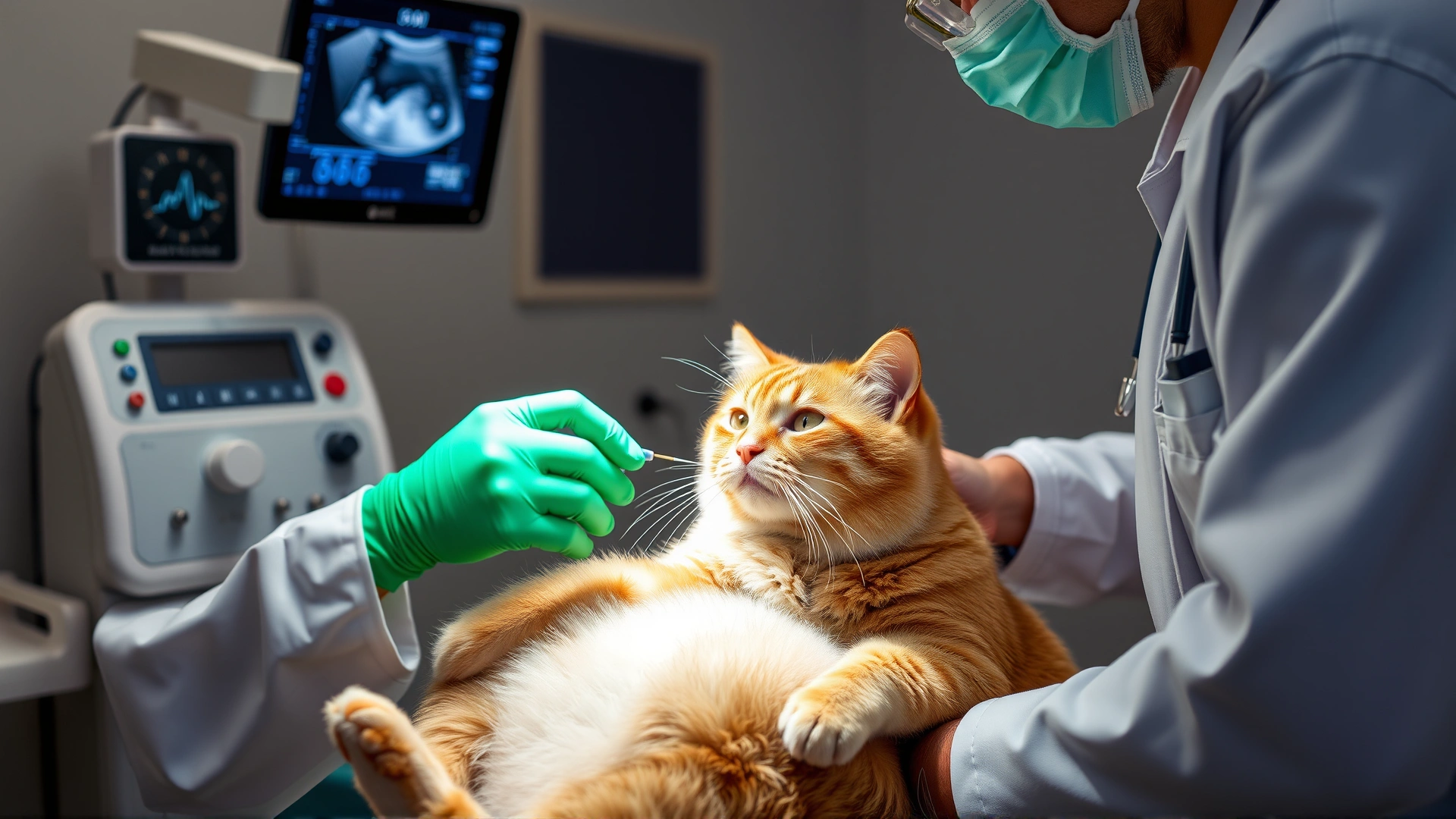 Veterinarian performing an abdominal ultrasound on a calm cat in a modern clinic, equipment visible, soft clinical lighting