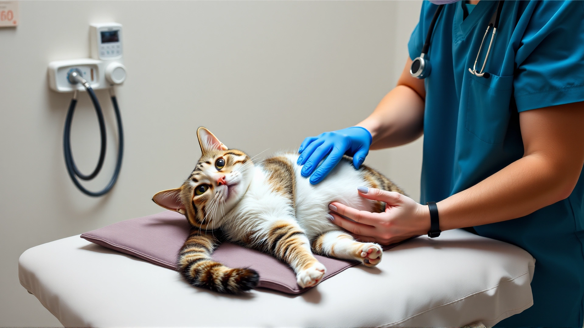 Veterinarian performing an abdominal ultrasound on a male cat lying on a padded table, medical setting, no text