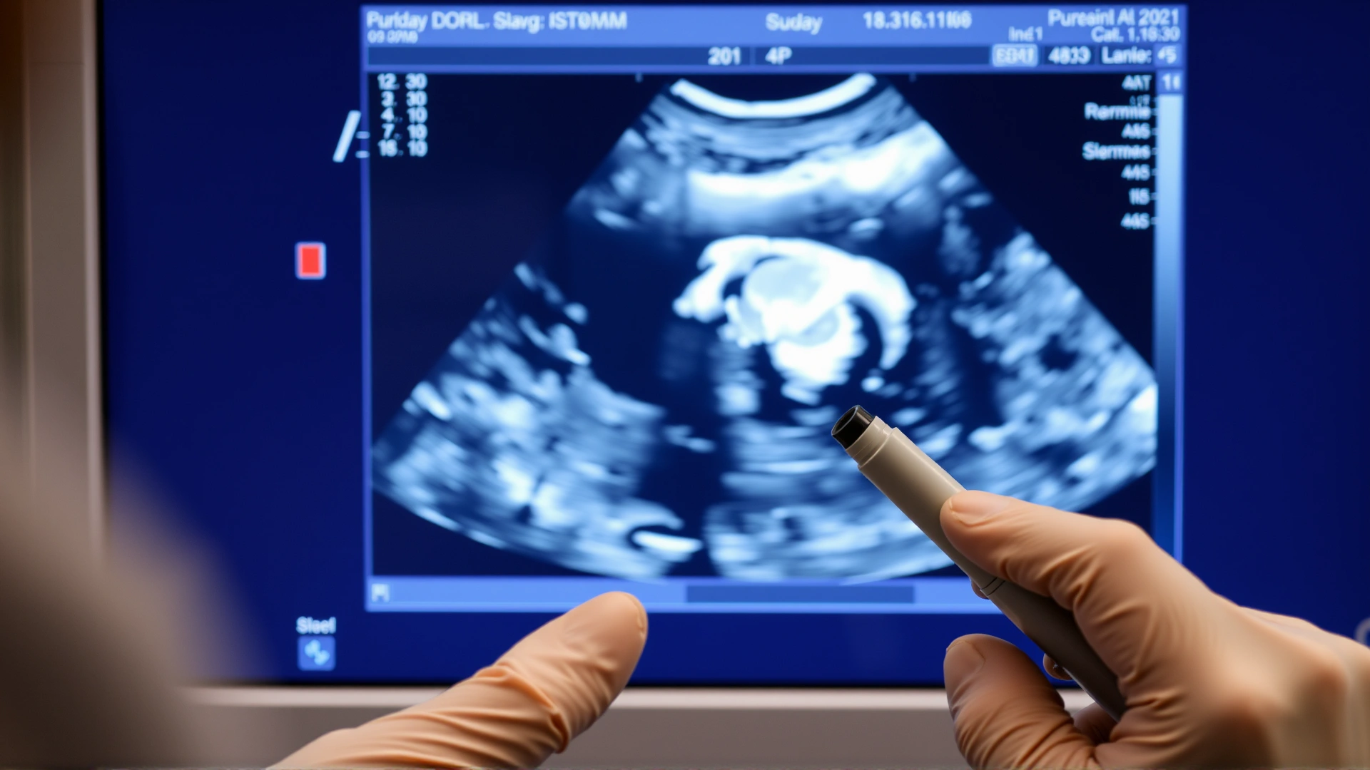 Close-up photo of an ultrasound monitor showing a cat's bladder during a veterinary scan, with gloved hands holding the probe visible.