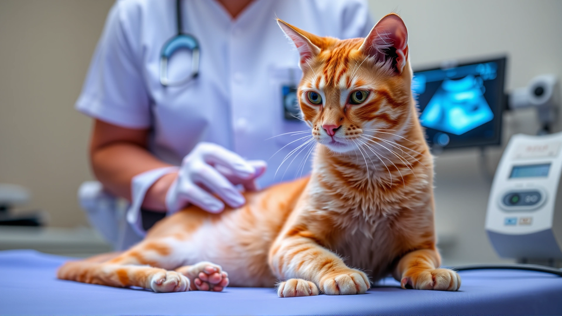 Veterinary technician performing abdominal ultrasound on a calm orange cat; screen softly glowing.