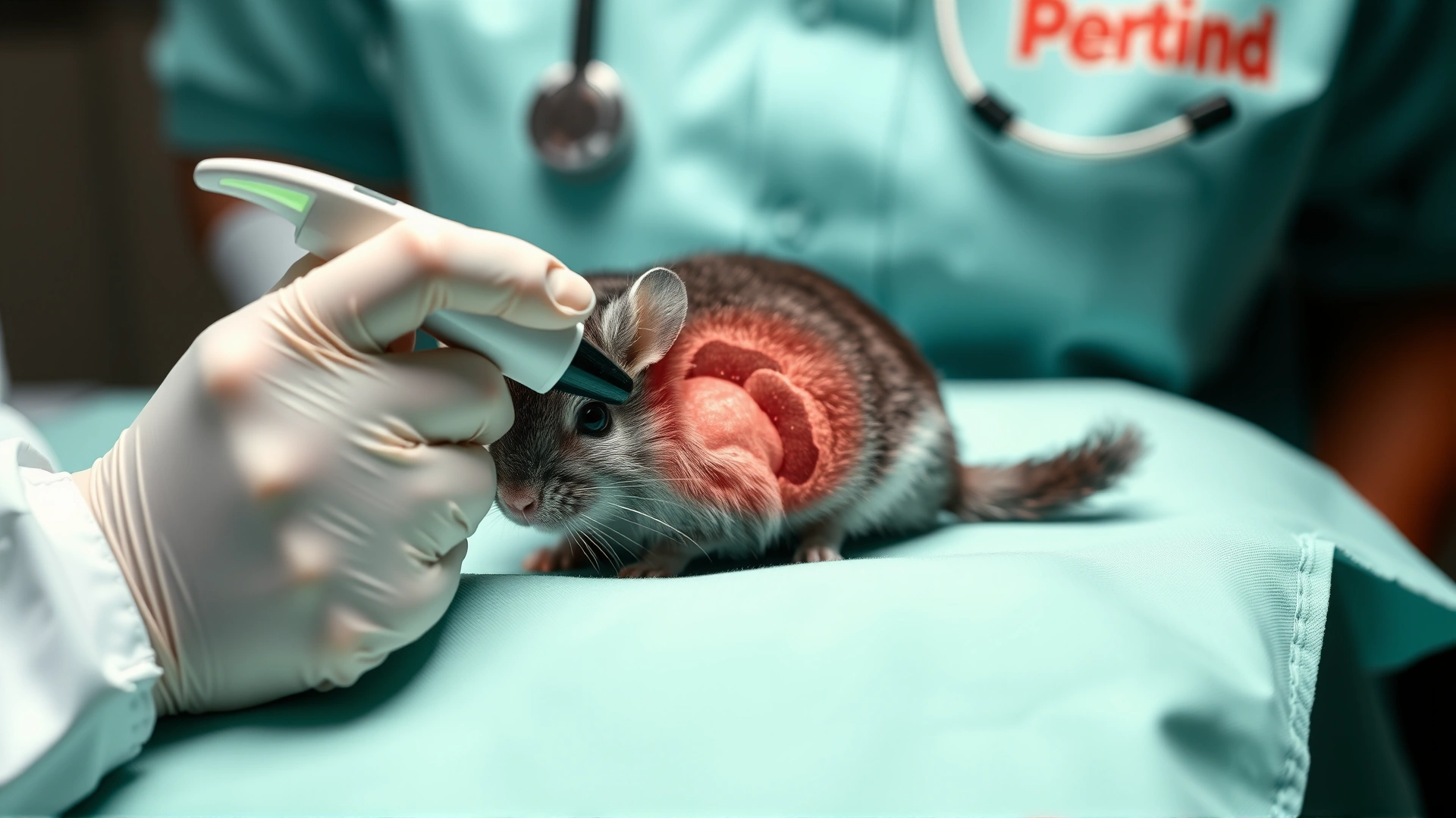 Veterinarian performing abdominal ultrasound on a chinchilla using a small probe, focus on procedure