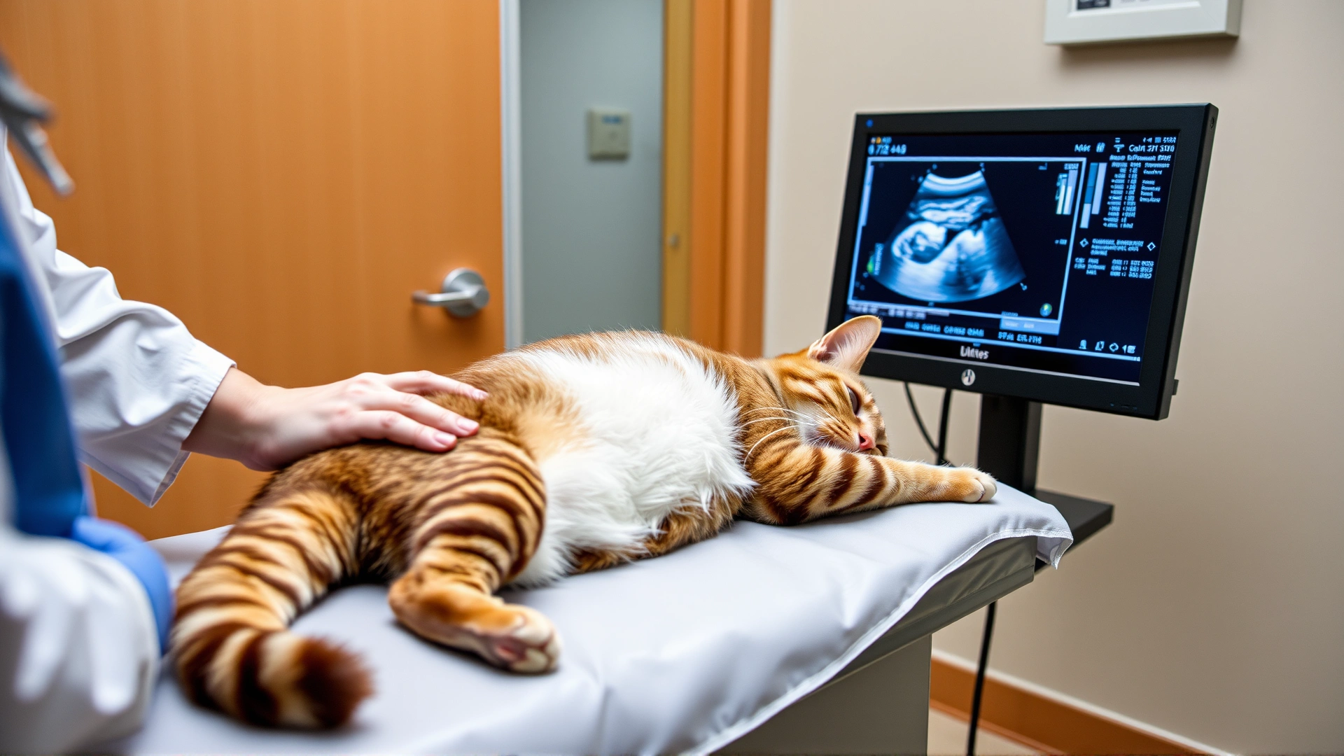 A veterinarian performing an abdominal ultrasound on a calm pregnant cat lying on an examination table, clinical setting, clear view of the ultrasound screen, high resolution photograph