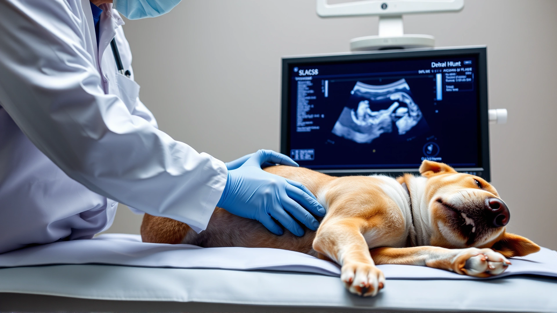 Side view of a veterinarian performing an abdominal ultrasound on a relaxed dog lying on its side, ultrasound monitor visible