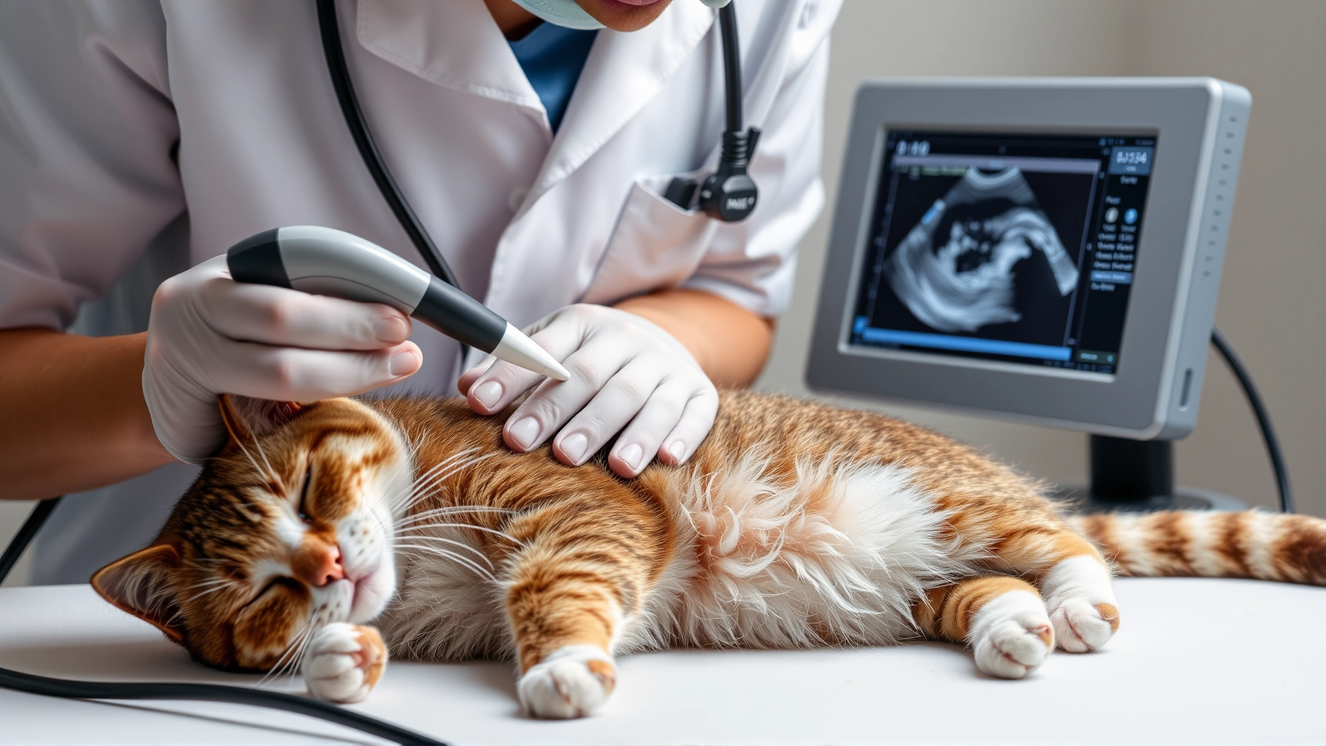 Veterinarian performing abdominal ultrasound on a calm cat; ultrasound probe and monitor visible, no text